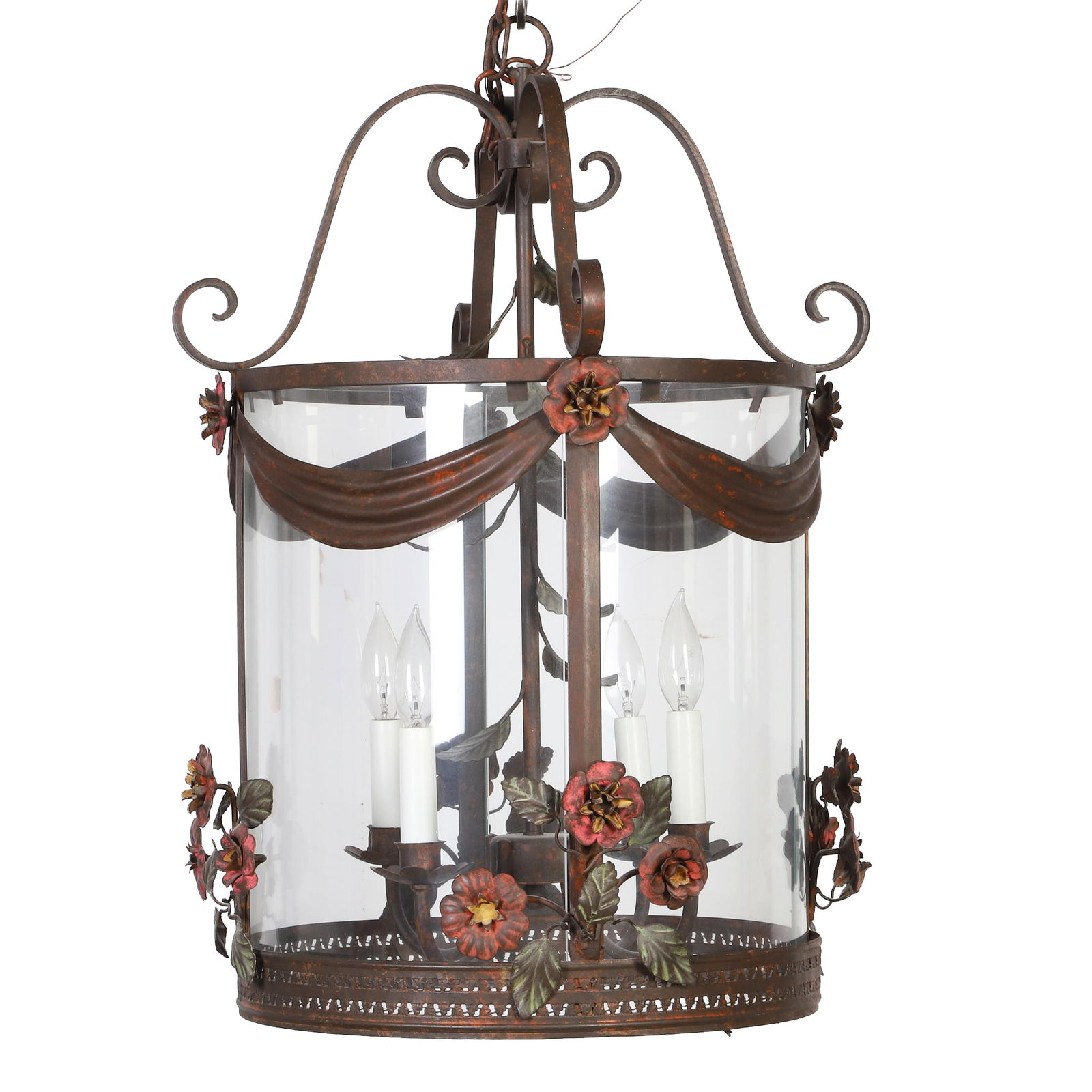 Continental Style Wrought Iron & Glass Floral Lantern Chandelier: Continental Style hanging lantern chandelier, scrolling wrought iron frame with curved glass panel and metal floral and foliate decoration. Interior has candle form light sockets, electrified, 27"h x 