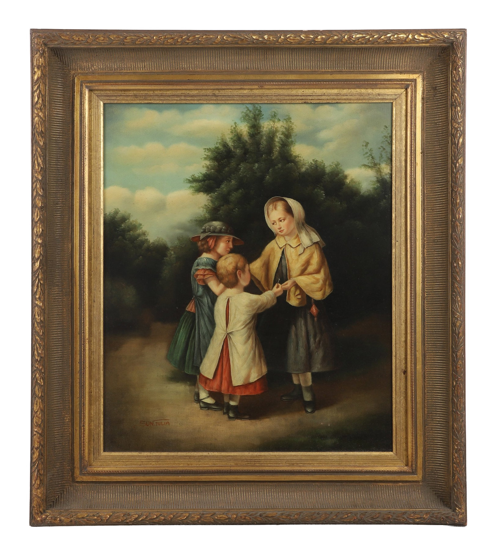 After James Turpin Hart, Allegorical Genre Painting: Modern replica of "A peep for a pin." Oil on canvas, signed "Sun. Julia" in the lower-left corner. 23.5" H x 19.5" W sight, 33" H x 29" W frame.