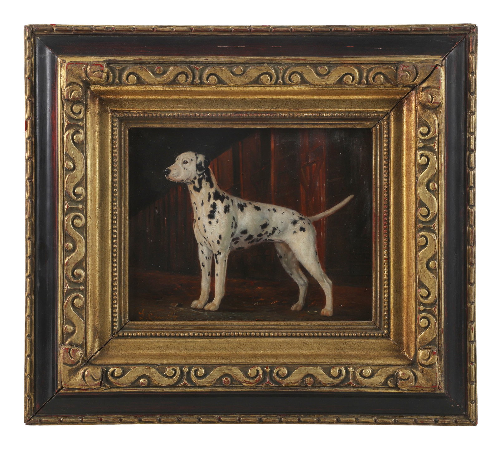 L. Cassidy, Prized Dalmatian Portrait: Presumably Laura E Cassidy (American, 20th C). A genre-style portrait of an alert and diligent Dalmatian dog in a barn setting. Oil on board in a heavy, carved wooden frame. Signed in the lower left c