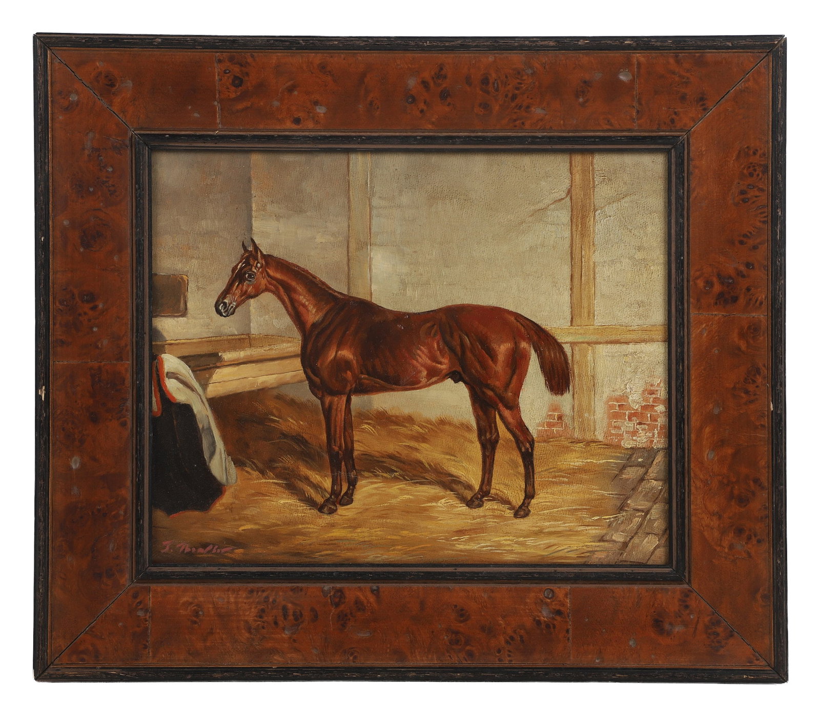 British Sporting School, Equestrian Painting, Signed J. Thompson: Reproduction in the antique style, a prized horse portrait. Oil on canvas in a burl wood frame. 7.75" H x 9.75" W sight, 12" H x 14" W frame.