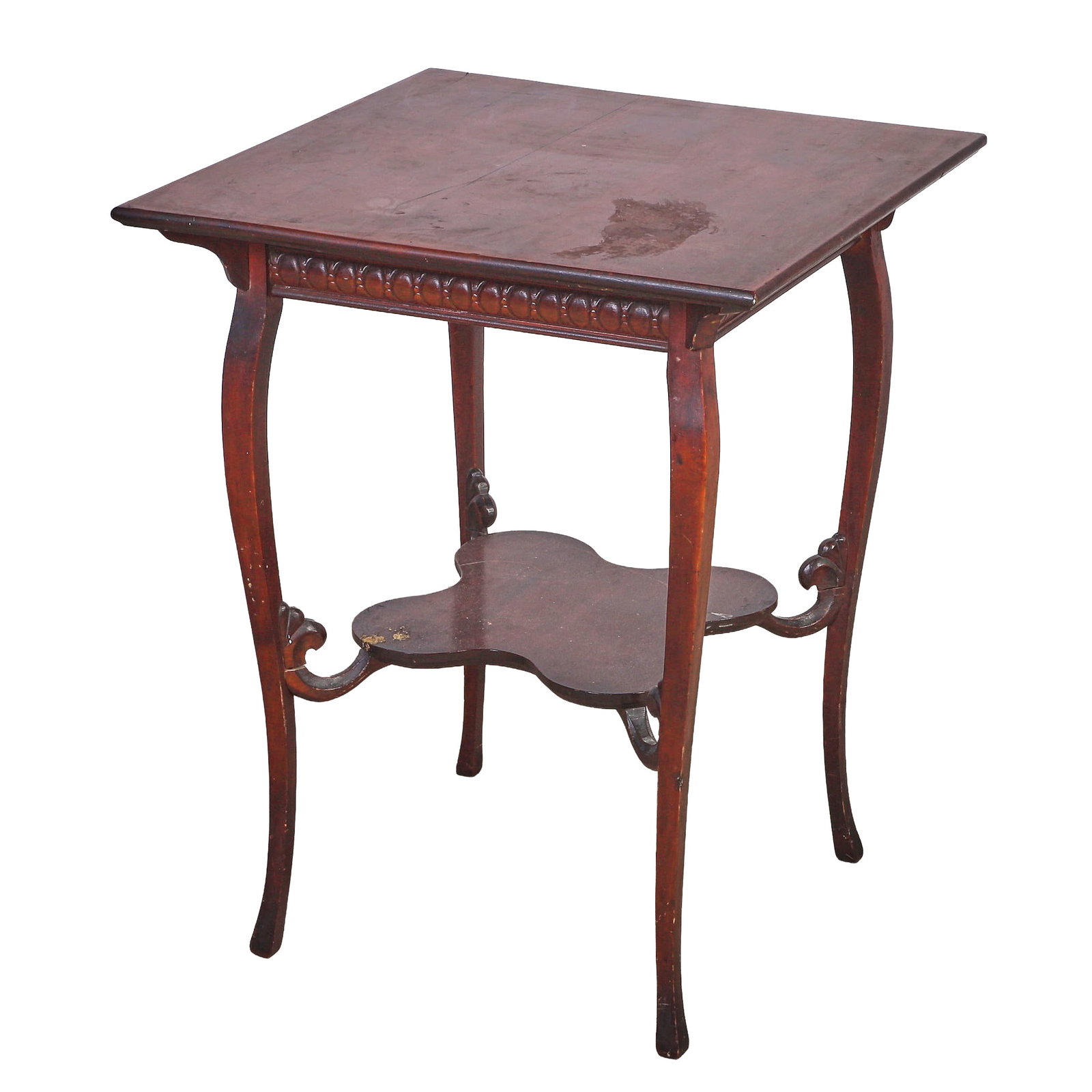 Edwardian Mahogany Center Table: Molded top over an egg and dart apron on clover form stretcher and shaped cabriole legs. 29.5" H x 23.5" square.