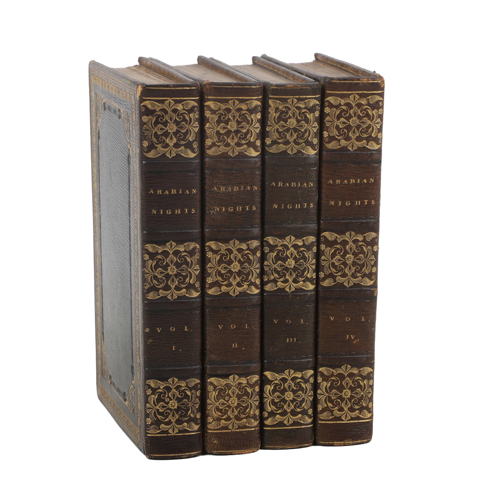 1819 'Arabian Nights' Vol 1-4, With Illustrations: 1819 'Arabian Nights' Volumes 1-4, with illustrations from Richard Westall (1765-1836), future drawing master to Queen Victoria. Leather bound with gilt edge pages, fine condition with some foxing and