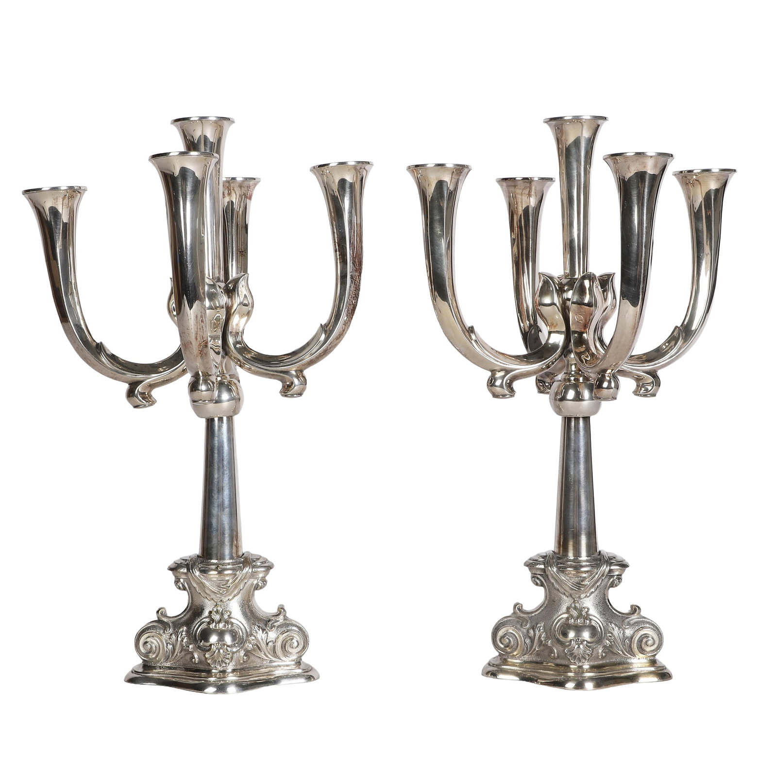 Art Nouveau Silver Plate Candelabra Duo: Pair of Art Nouveau style silver plate five arm candelabras, each 17"H x 10 1/2"W. Minor dents/damage noted at base