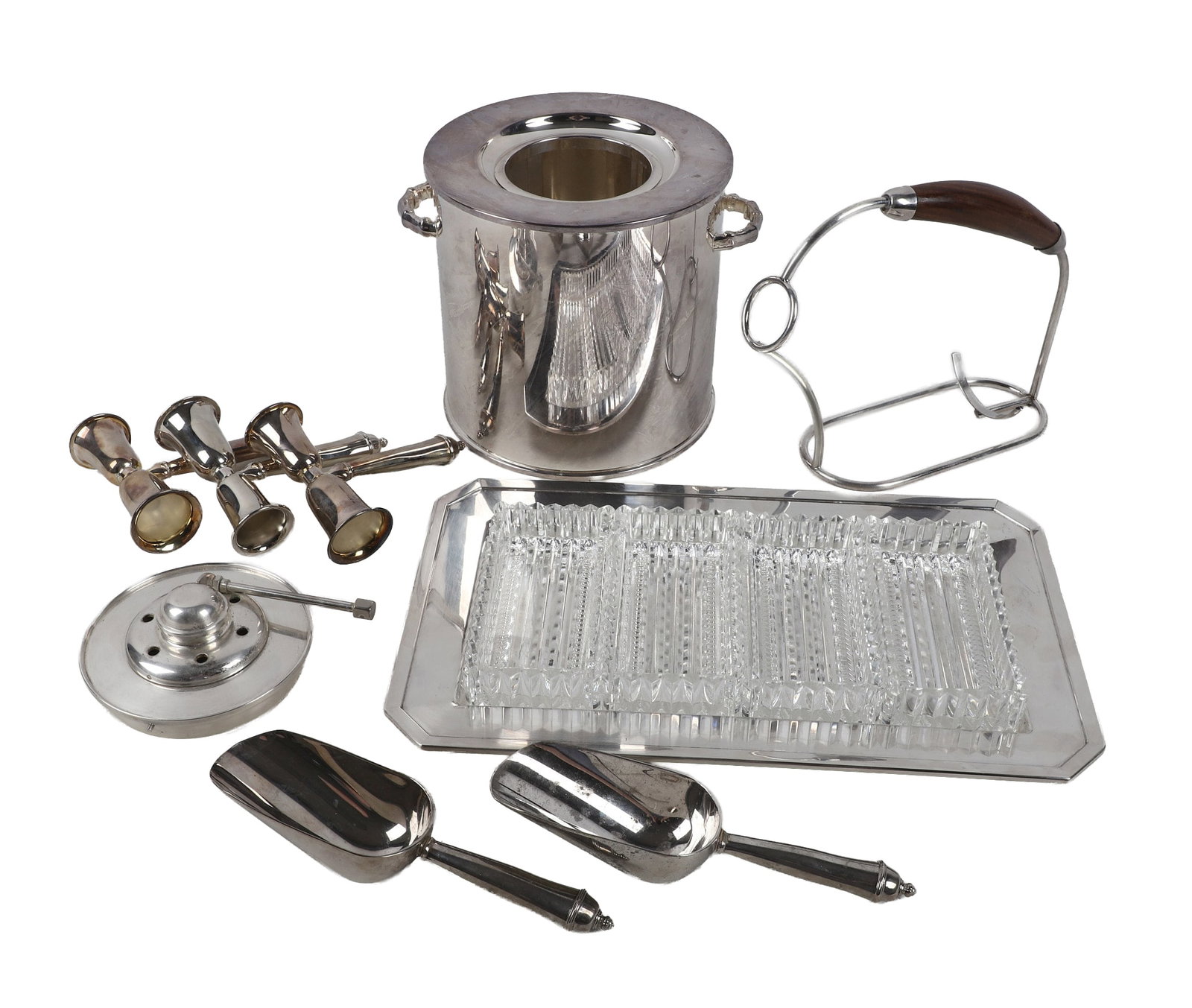 Silver Plate Barware Feat. St. James: Lot of fine Brazilian silver plate barware featuring a 7 1/2"H x 9 1/2"W cylindrical champagne cooler with bamboo handles, a 15"W x 9"D serving platter with (4) cut glass dishes, a wine pourer, (2) ic