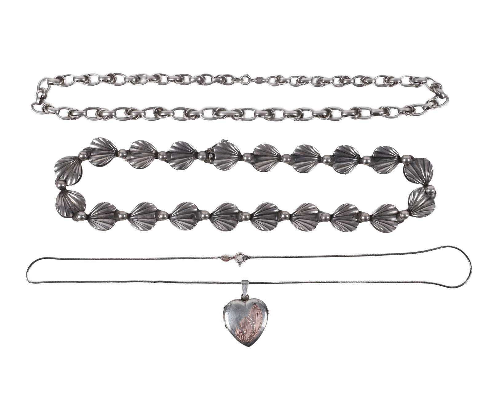 (3) Group Of Sterling Necklaces to include Hermann Siersbol: Group Of Sterling Necklaces to include Danish Hermann Siersbol Sterling link necklace marked Sterling Denmark HS, Silver Link Necklace marked 835 and a Sterling Silver Heart Locket Necklace marked 925