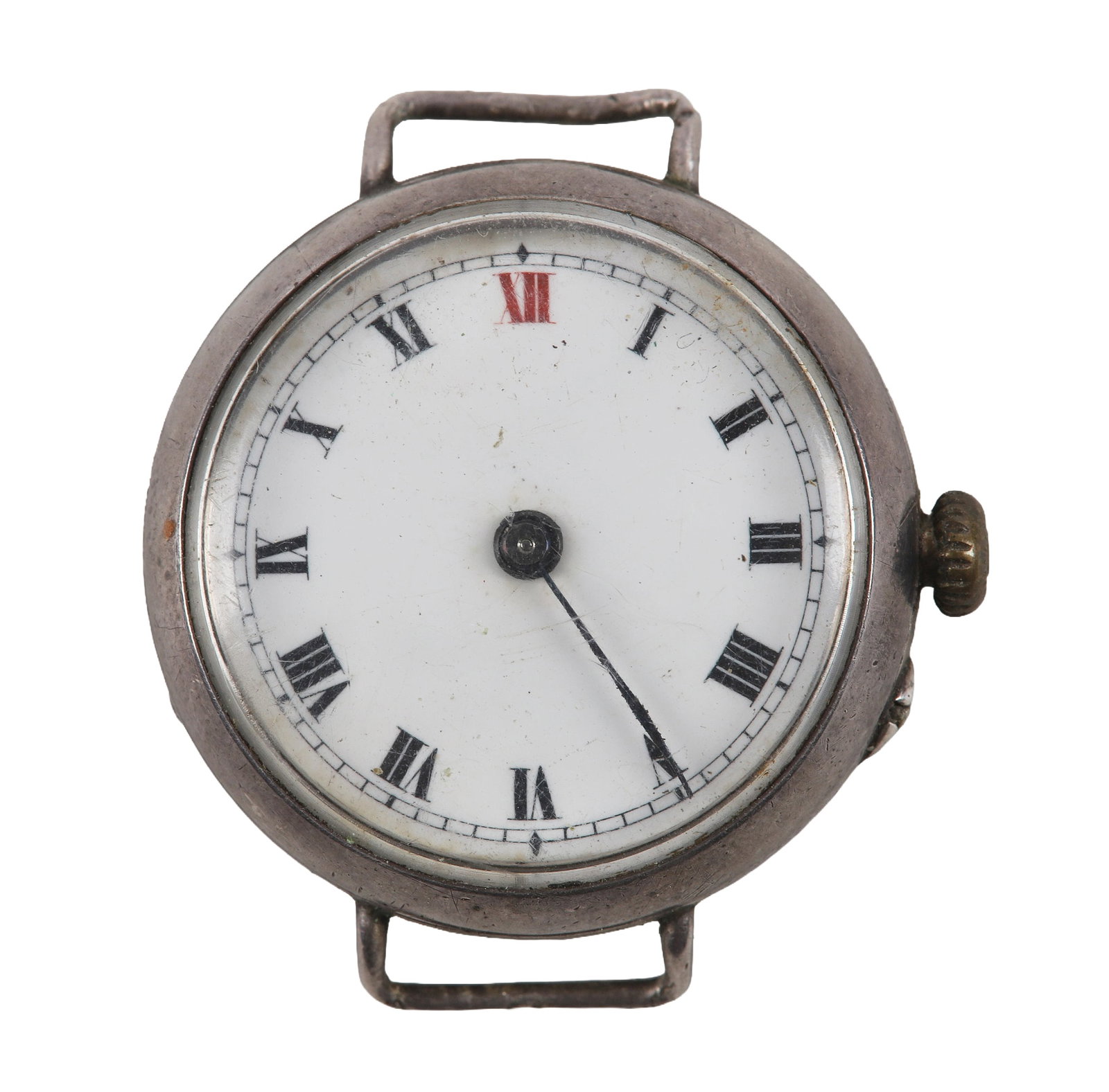 WWI Era Sterling Trench Watch, ca. 1915.: Roman numerals with red XII on white enamel face in a .925 Silver Case marked "GS" for George Stockwell, #369394 (missing hours hand).