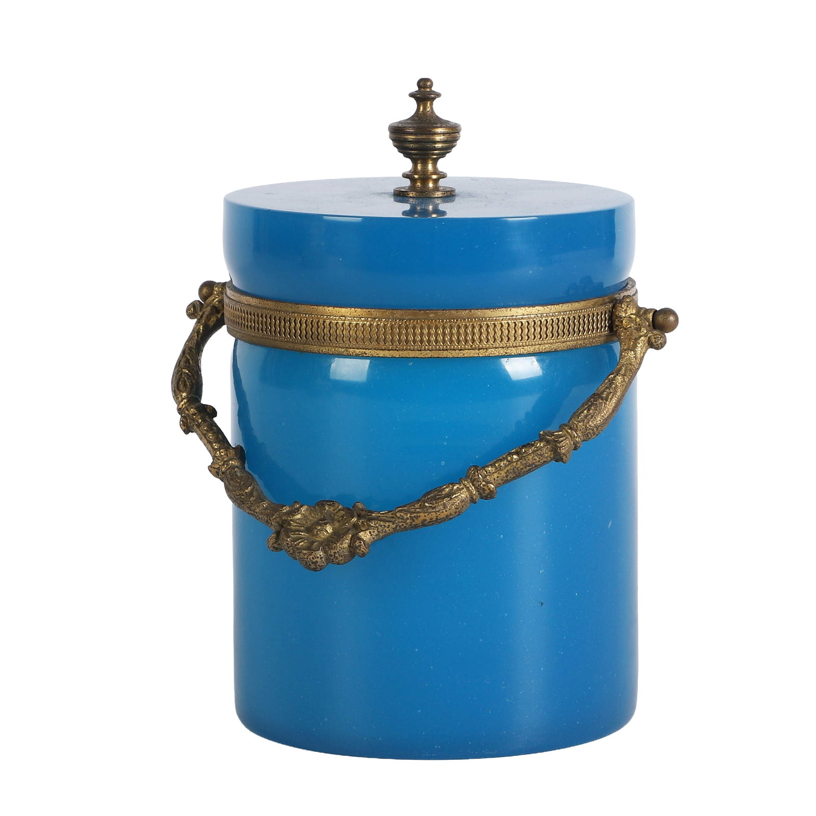 Cenedese Blue Opaline Glass Ice Bucket: Italian Cenedese style Murano blue opaline glass ice bucket with gilt bronze handle, rim & finial. 8 3/4"H x 6 1/2"W, no chips/cracks noted, scratches to base