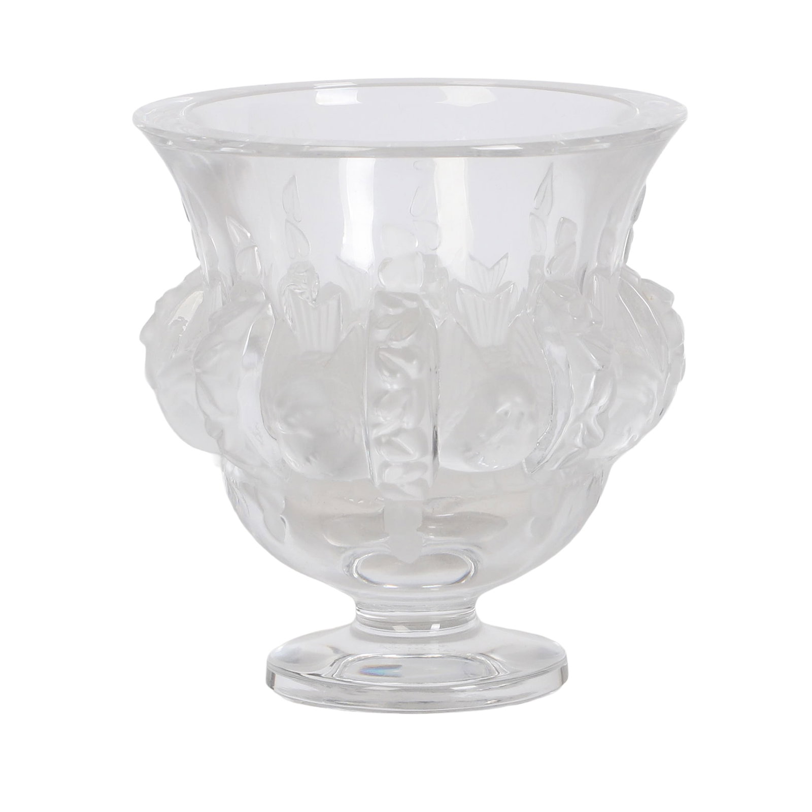 Lalique Dampierre Pedestal Vase: Mid Century French Lalique 'Dampierre' frosted glass pedestal vase ringed with songbird and foliage design. Makers mark at base, no chips/cracks noted, 4 3/4"H x 4 1/2'W