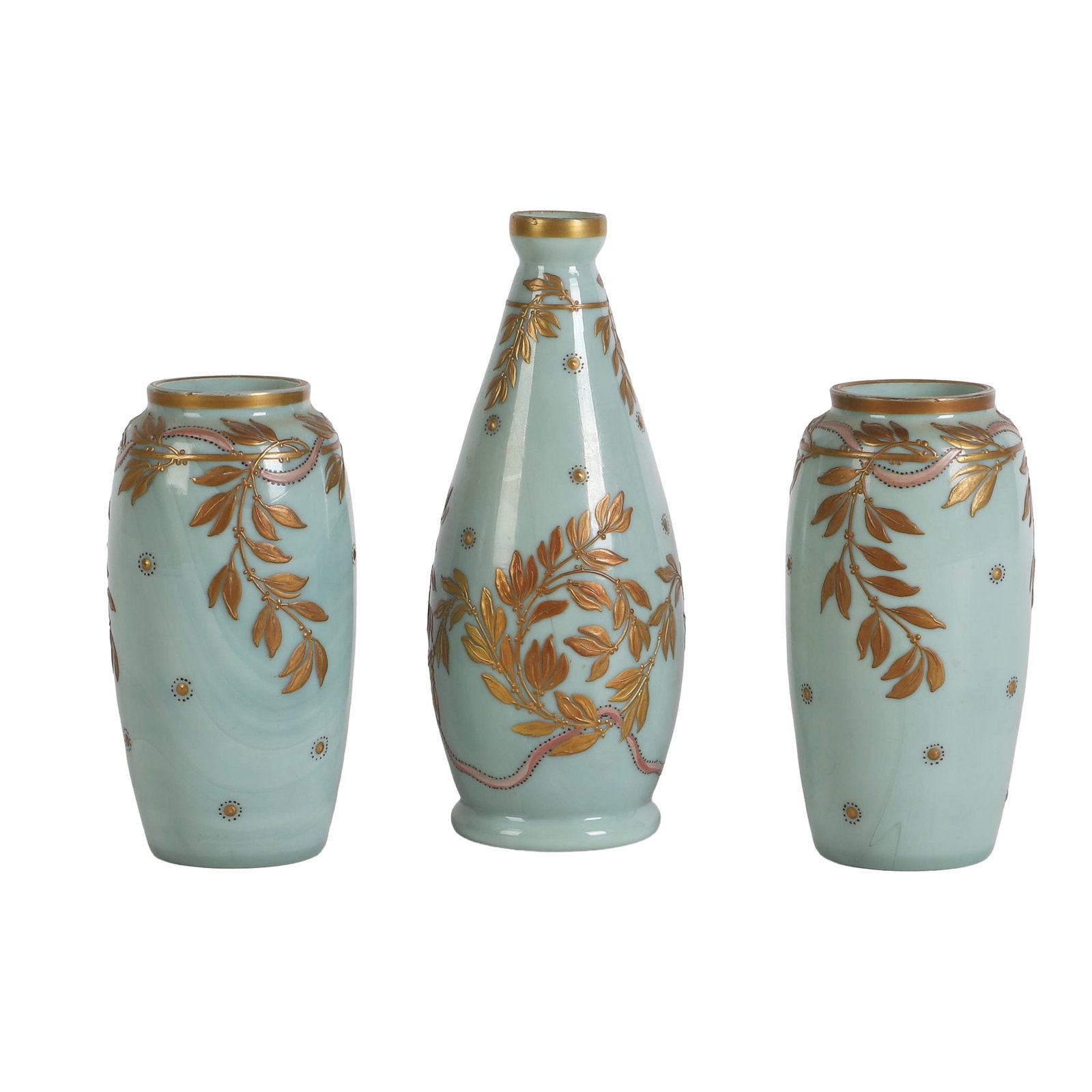 (3) Art Nouveau French Legras Enameled Glass Vases: (3) Art Nouveau French Legras art glass vases in opaline blue/green with leafy gilt decoration. Includes a matching pair of 5"H x 2 1/2"W urn form vases and a 7"h x 3"W bottle form vase.Makers marks a
