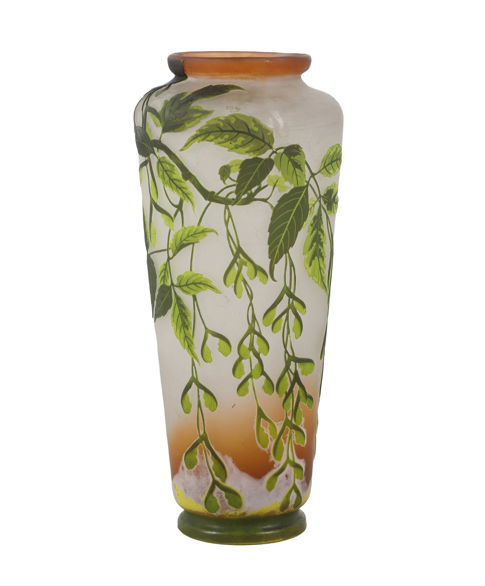 Emile Galle Cameo Glass Vase: Emile Galle style cameo glass urn vase in lavish boxelder maple motif. Visible makers mark, 19"H x 8 1/2"W