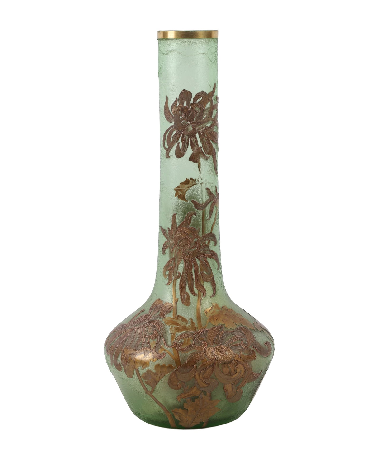 Mont Joye Art Nouveau Vase: Mont Joye Art Nouveau style vase in soft translucent green adorned with beautifully acid etched floral decoration finished in gilt. Bulbous, cylindrical form. Makers mark at base. 23 1/2"H, 10 1/4"W