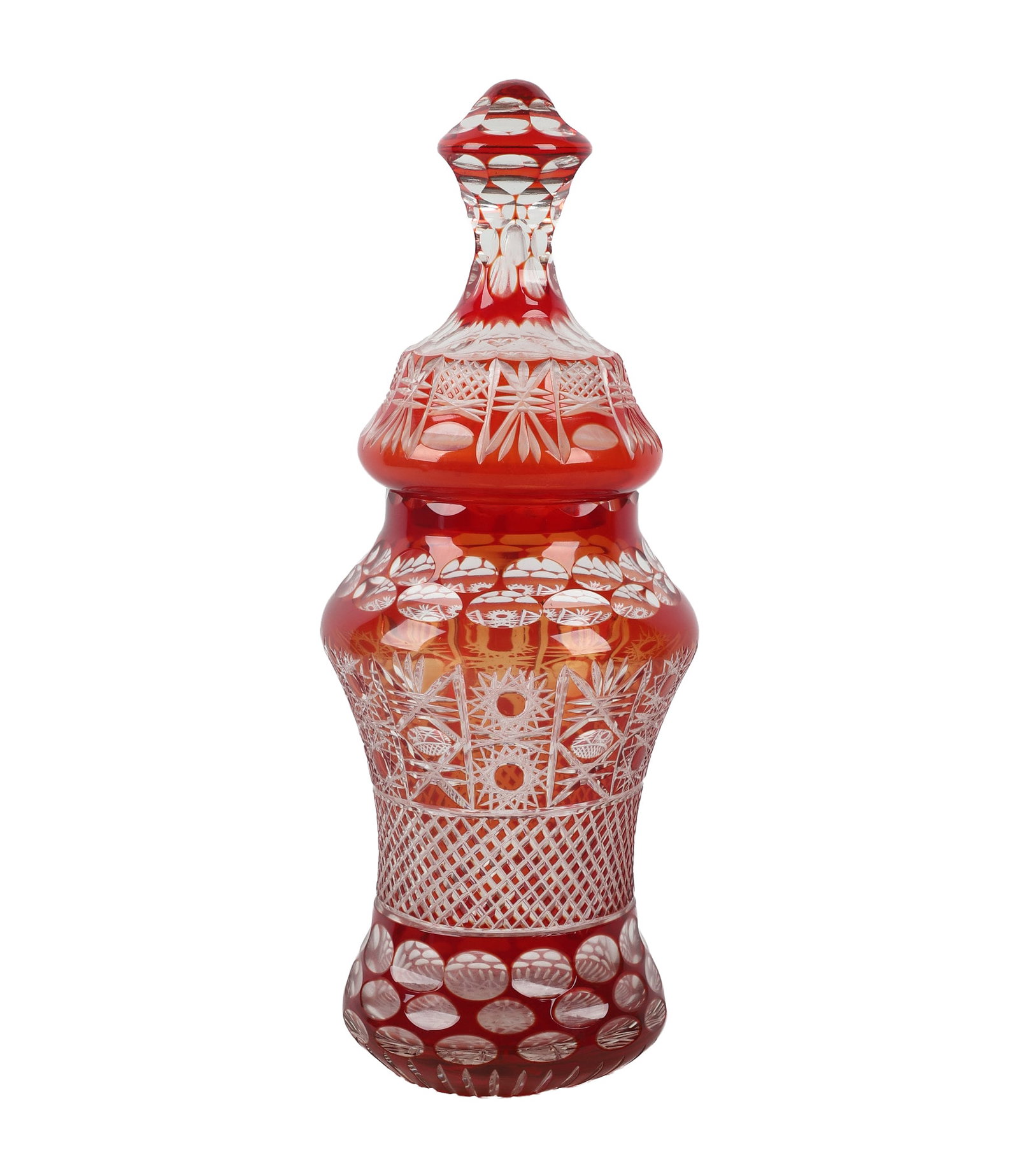 Cut Glass Cranberry Covered Urn Vase: Large turn of the century centerpiece cranberry cut to clear glass lidded urn form vase decorated in elegant geometric & hobstar designs. 23"H x 9"W, no chips/cracks noted