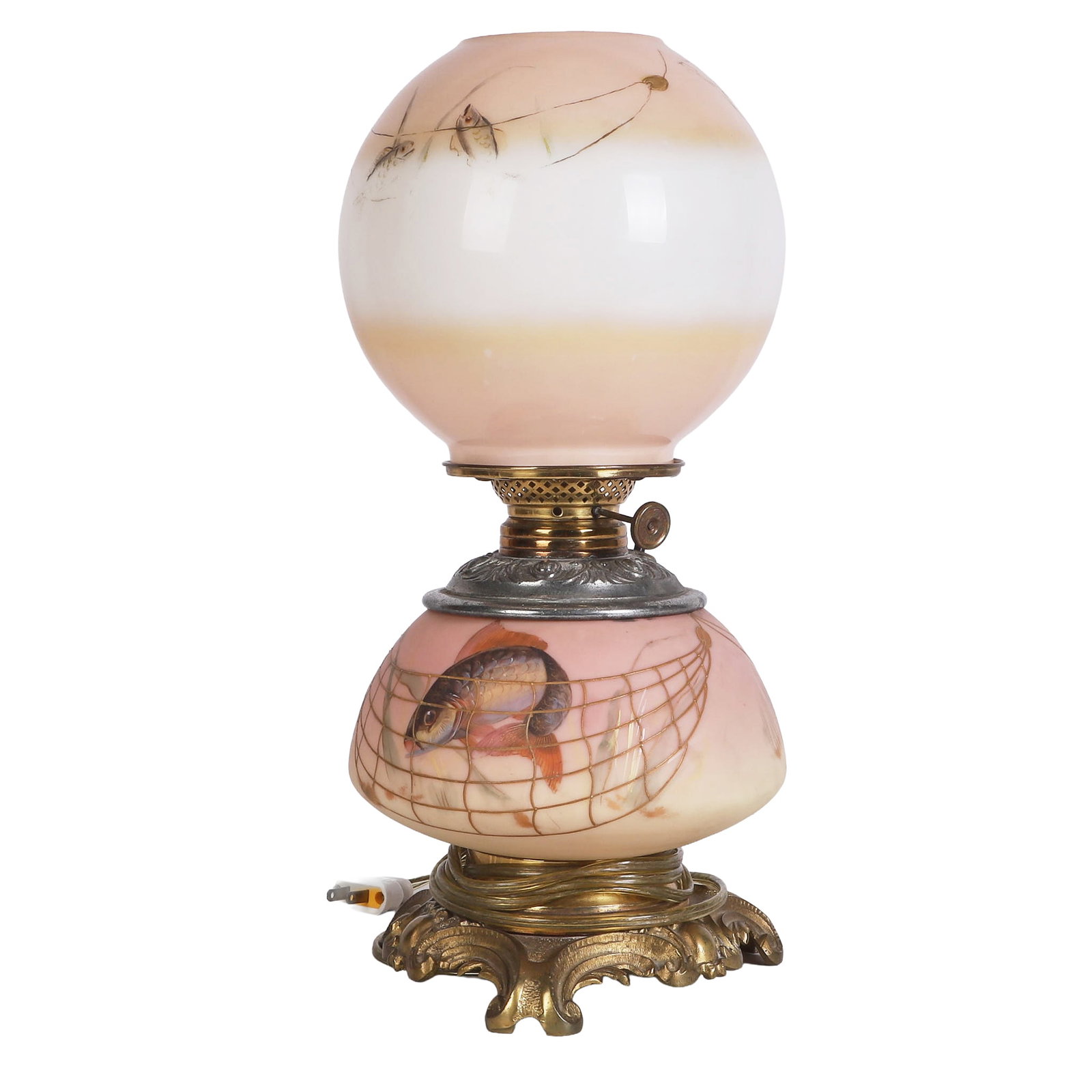 Vintage Gone with the Wind Milk Glass Lamp, Fishing Motif (1 of 5)