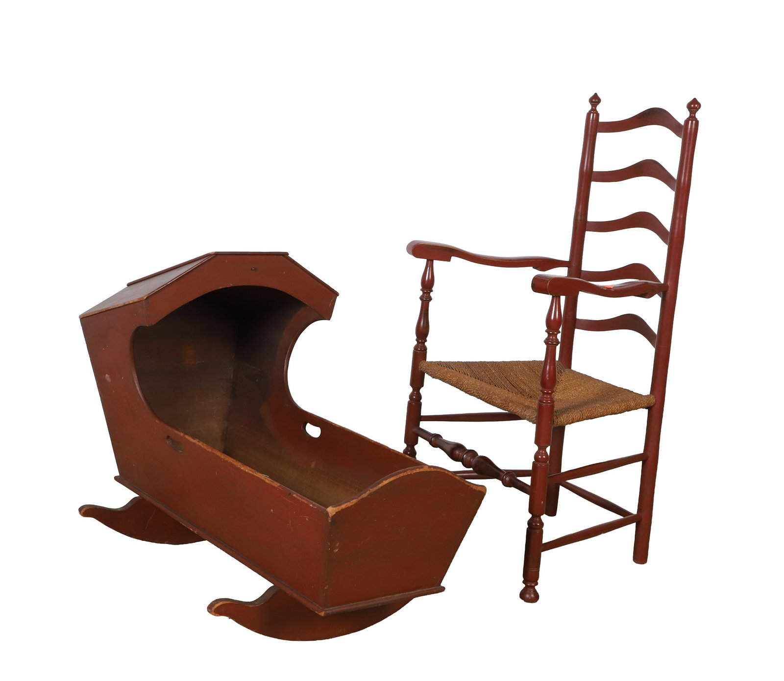 Antique American Painted Wood Hooded Cradle and Ladderback Chair (1 of 13)