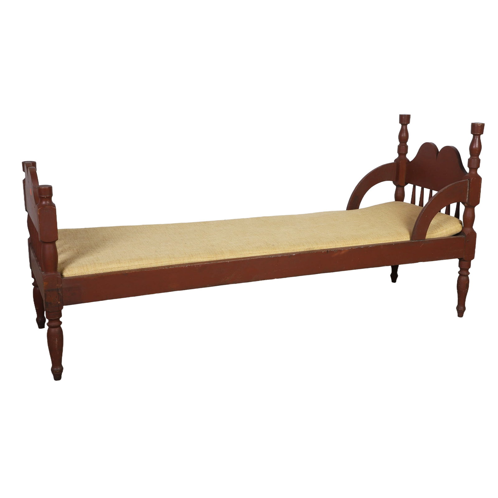 Antique Primitive Red Paint Decorated Daybed: 19th-century frame with later supports and cushion. 35" H x 74' W x 25" D