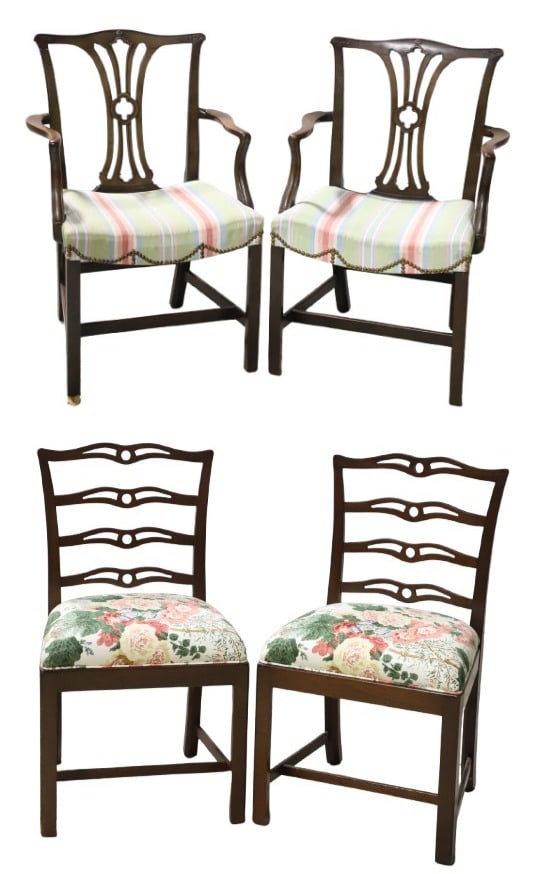 (2) Pairs Chippendale style mahogany chairs: (2) Pairs Chippendale style mahogany chairs, c/o pair ribbonback side chairs, with floral upholstered seat, 36"h x 28"w x 18"d, seat height 21"h, pair sheildback chairs, with striped upholstered seat 