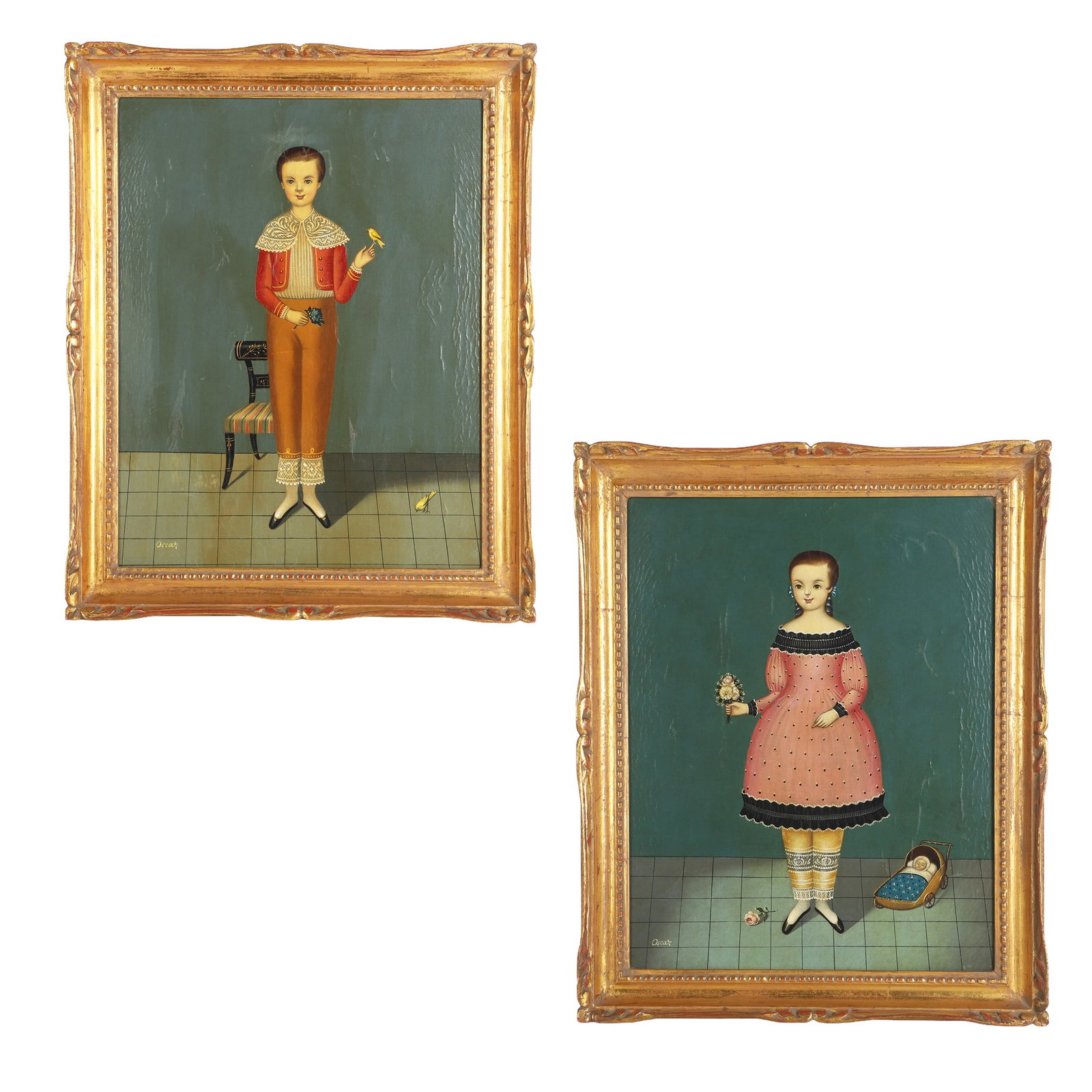 Oscar Bernach (Mexican, 20th C), (2) Primitive School Portraits: Mid-20th-century portraits of a boy and girl in high-society costumes among their playthings. Known for his Neo-naive style, these are exemplary of Bernach's work. Oil on canvas. Each is signed in the