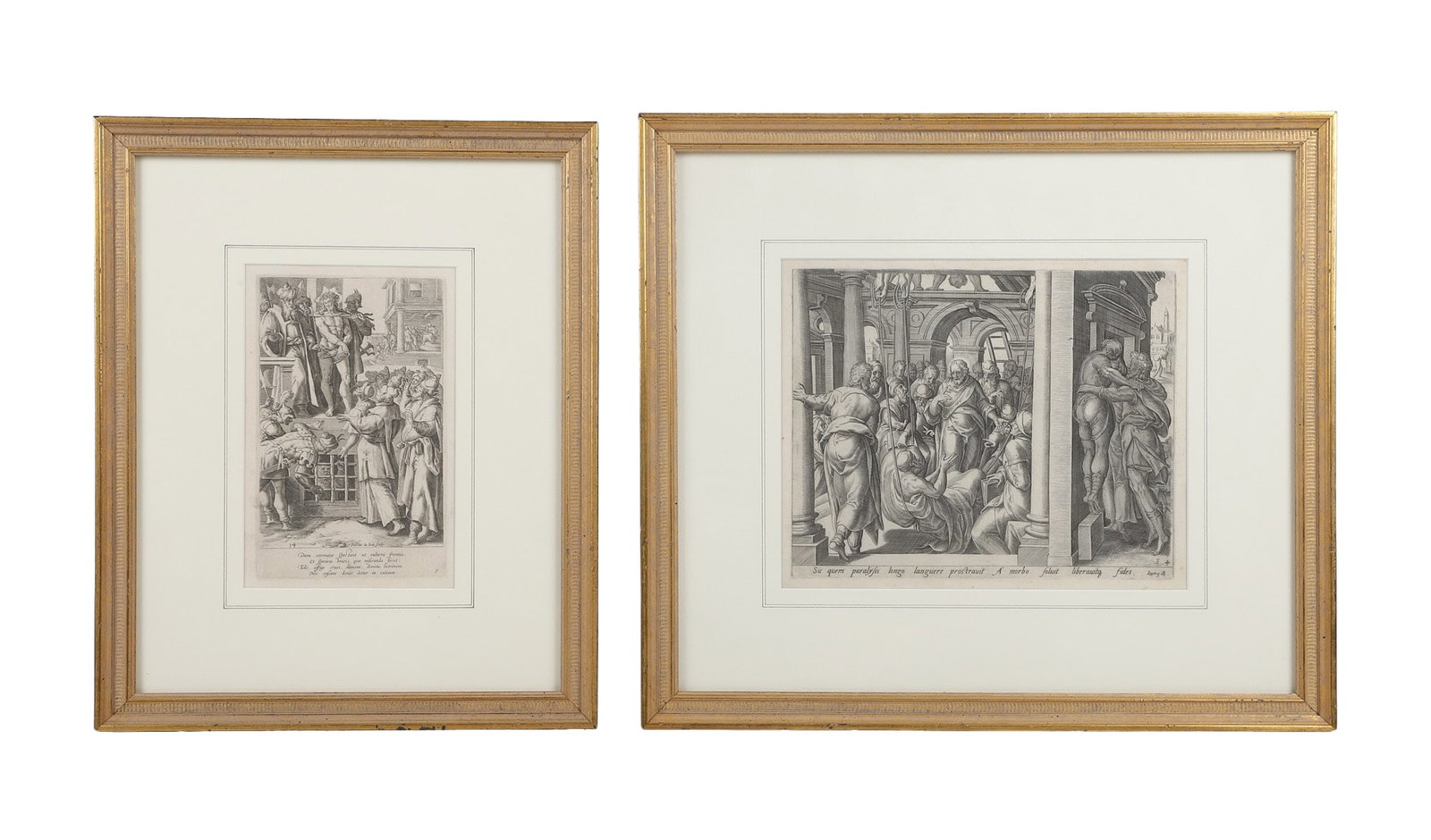 (2) Framed Flemish School Etchings, Groenning and de Jode: Suite of (2) identically framed prints consisting of a work after Gerard Groenning and Wierix depicting Christ healing the paralytic, 9" H x 10.75" mat, and a print after Pieter Jode I, Ecce Homo, 8.5