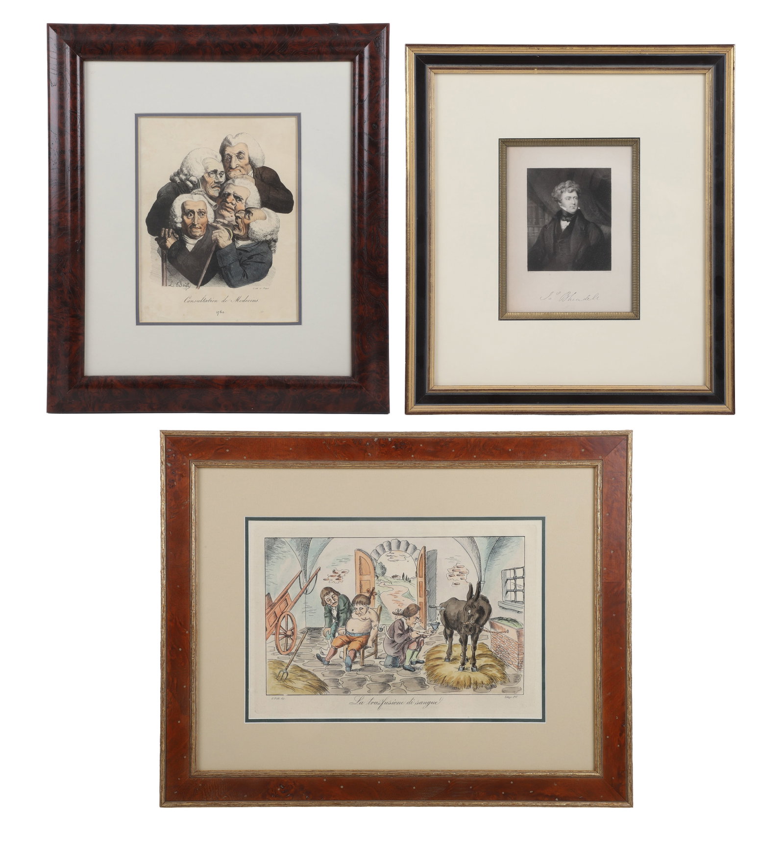 (3) Framed Early Medicine Themed Works: Starting with a reverent engraved portrait of Dr. James Blundell, father of the first human-to-human blood transfusion, together with a 19th C French caricature of a consultation of doctors after Loui