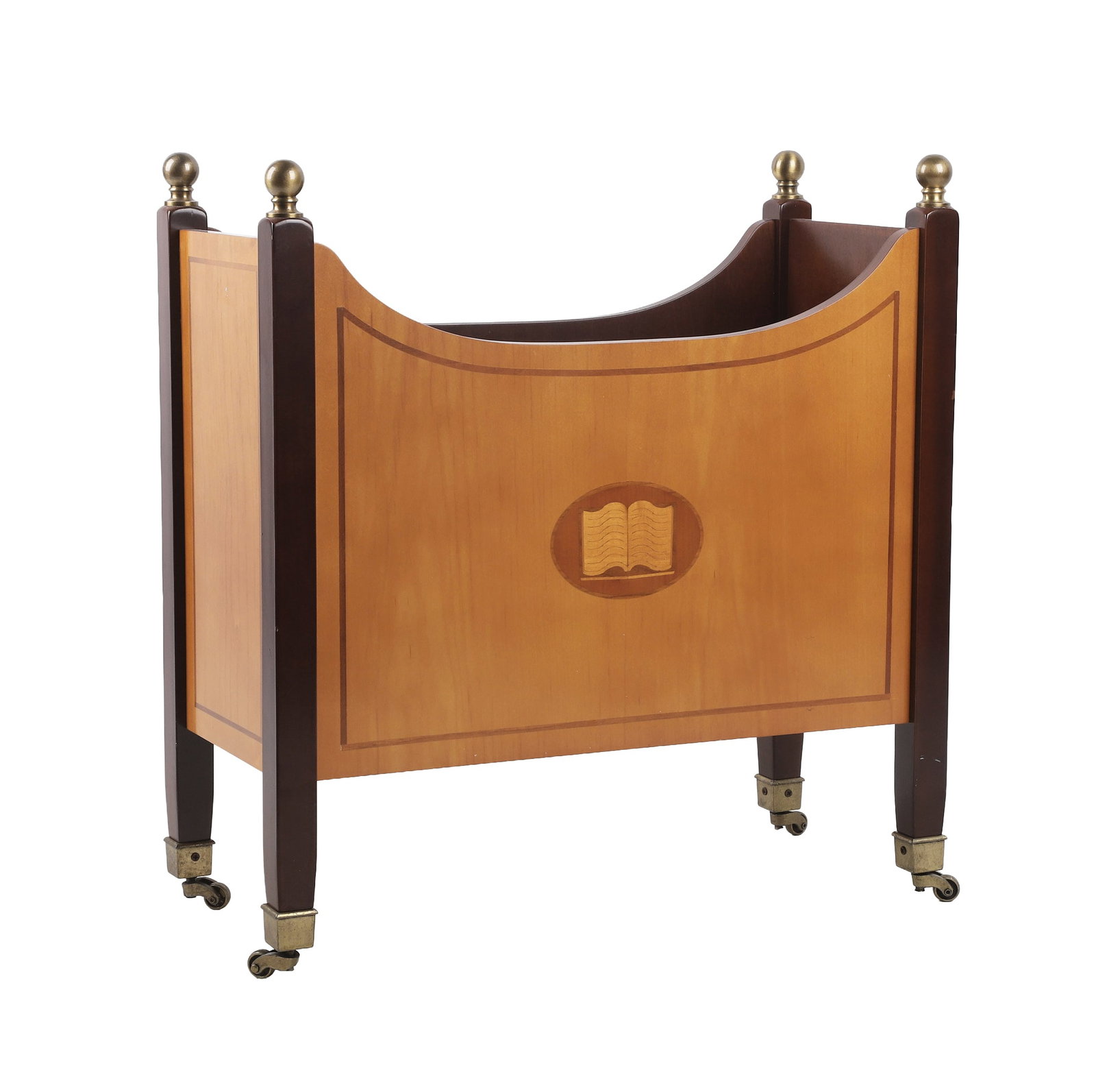 Vintage Bombay Co. Biedermeier Inspired Canterbury: Magazine or newspaper stand after the antique. Inlaid panel sides with brass ball finials and brass casters. 21" H x 20" W x 9" D.
