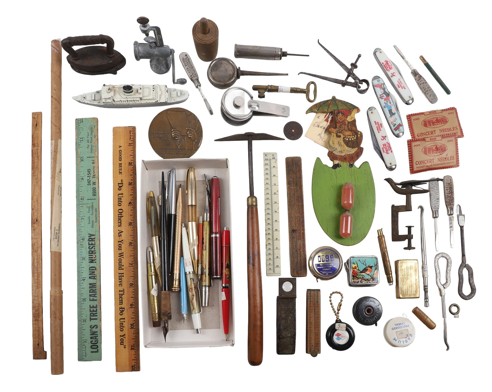 Eclectic Mix of Desk Items - Tools, Rulers, Pens and More: Eclectic mix of tools and desk items featuring a mixed lot of pens with everything from calligraphy pens to to more 'adult' writing materials. Also includes a figural ship ink stamp, vintage thermomet