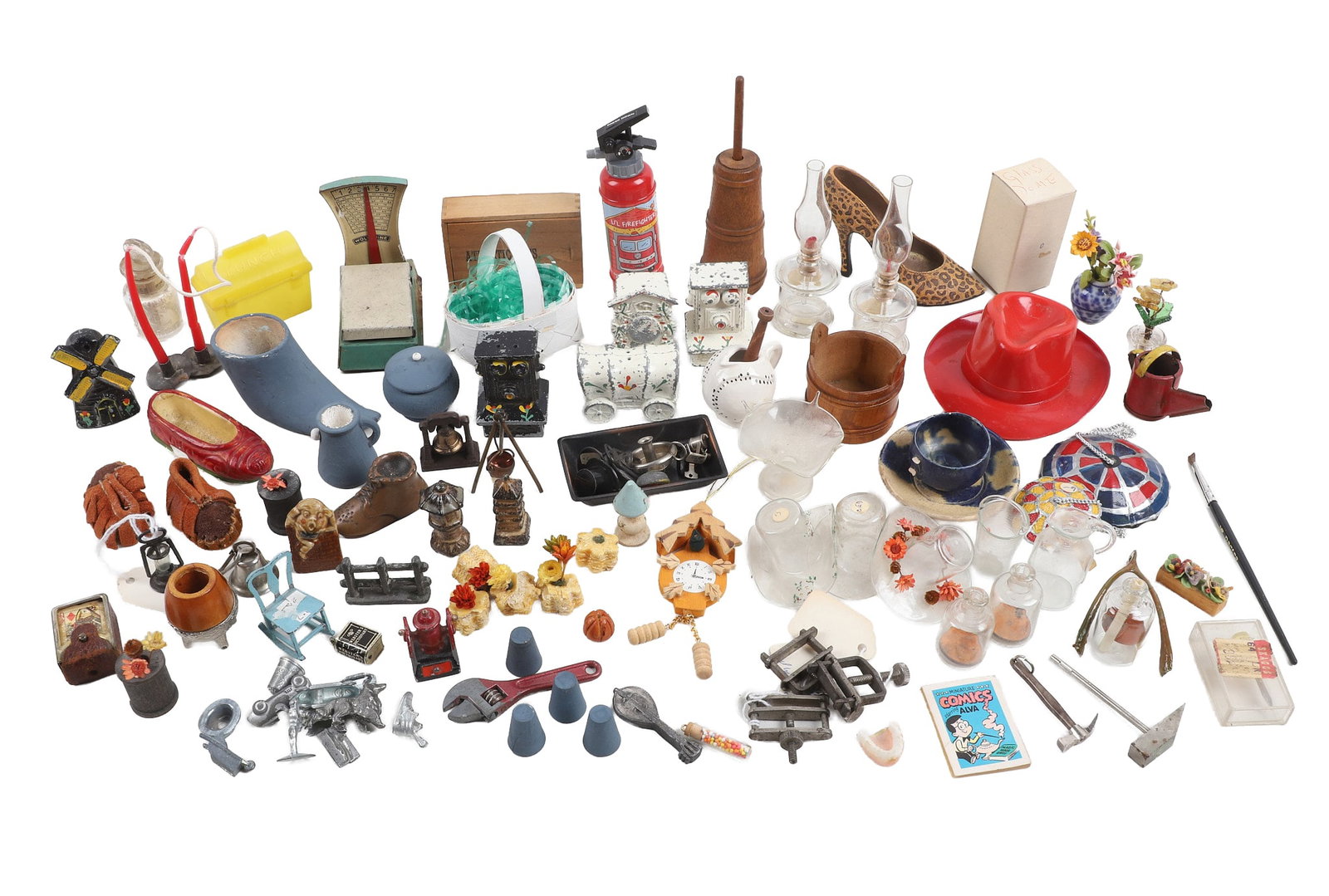 Vintage Miniatures Collection: Vintage collection of miniatures including a pair of 4"H oil lamps, antique cast iron shakers, collection of Monopoly pieces, deck of playing cards, scale, shoes, tools and more. great for dollhouse d