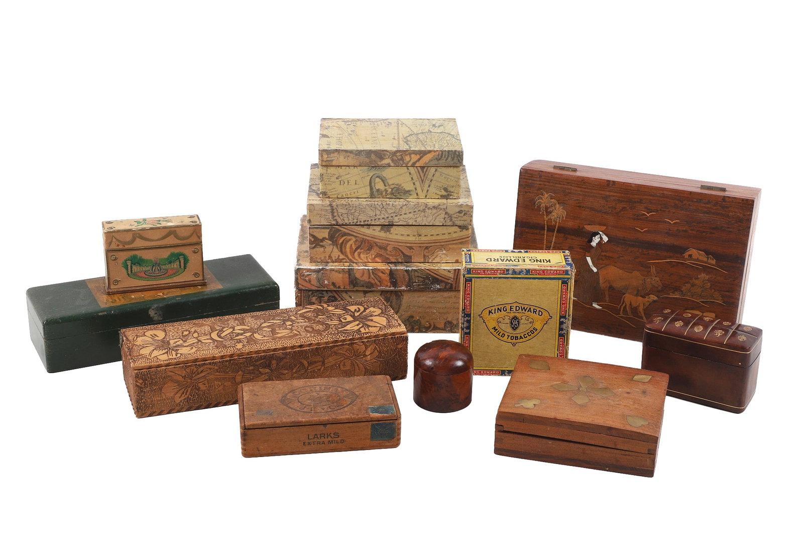 World Traveler's Box Collection: World Traveler's Box Collection Assortment of ethnographic jewelry, trinket, and tobacco boxes of all shapes, sizes and styles featuring a 2 1/2"H x 10"W x 7"D Japanese jewelry box with depicting a