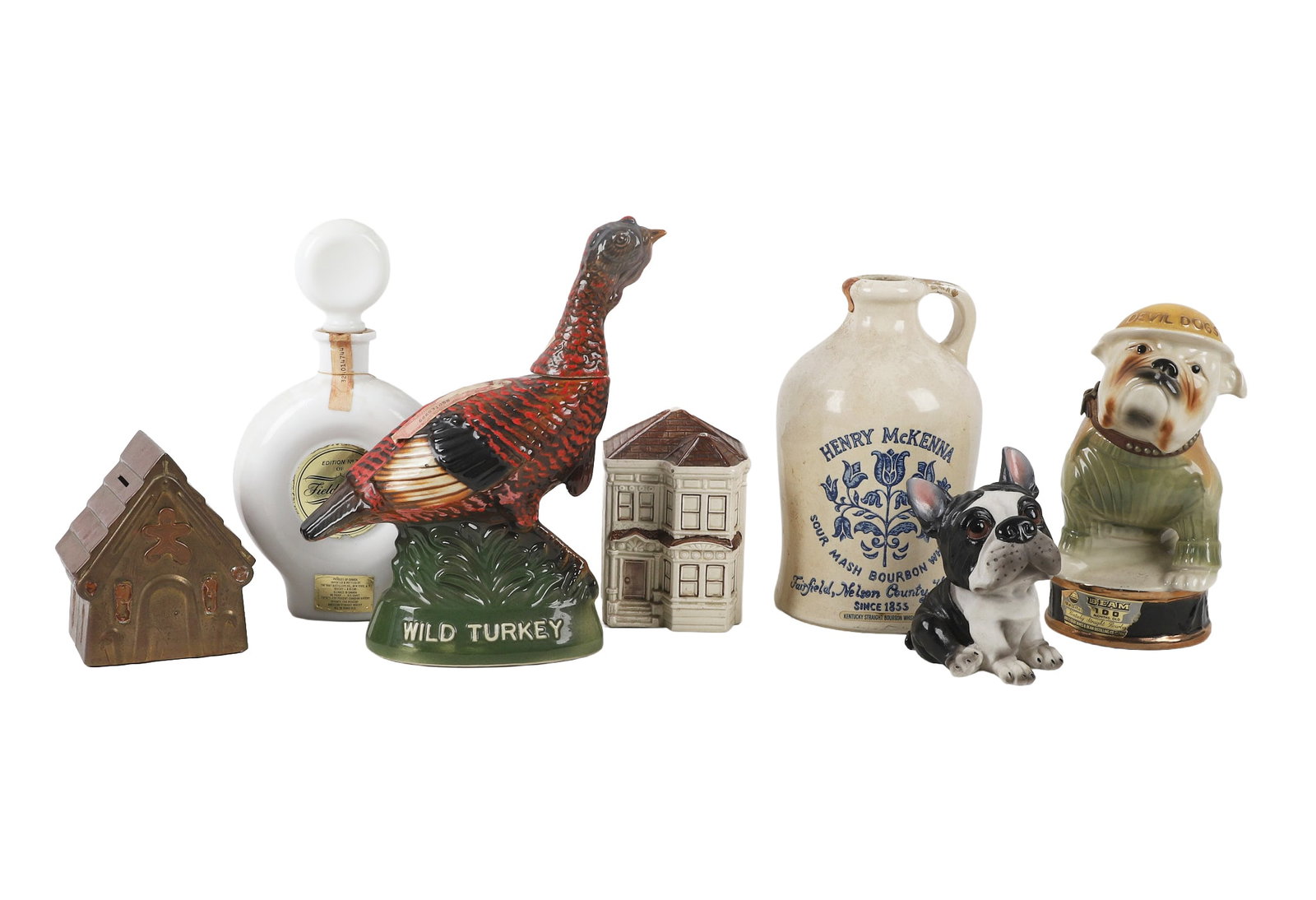 (7) Bottles & Banks and (8) Vintage Beer Steins: (7) Bottles & Banks and (8) Vintage Beer Steins (7) Assorted vintage decanters & coin banks including a 9 1/2"H Beam 'Devil Dogs' bourbon decanter, an 11 1/4"H No. 7 Field Birds Bobwhite decanter, a