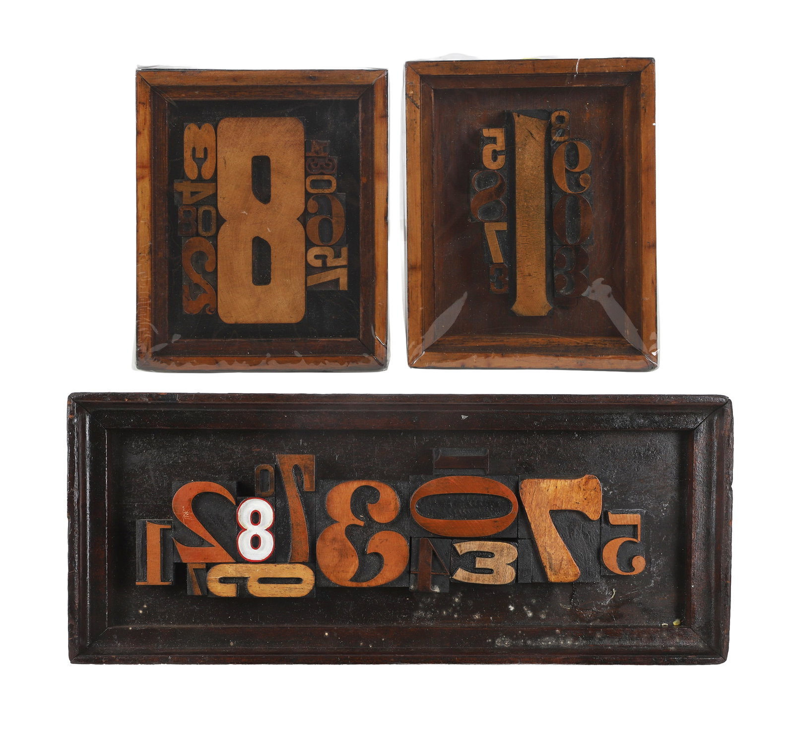 (3) Numerical Typography Wall Art: (3) Numerical Typography Wall Art (3) Framed typography wall art consisting entirely of numerical symbols. (2) NOS in plastic wrap measure 9 1/2"H x 8"W, last shows evidence of repair, 8 1/4"H x 20 1/