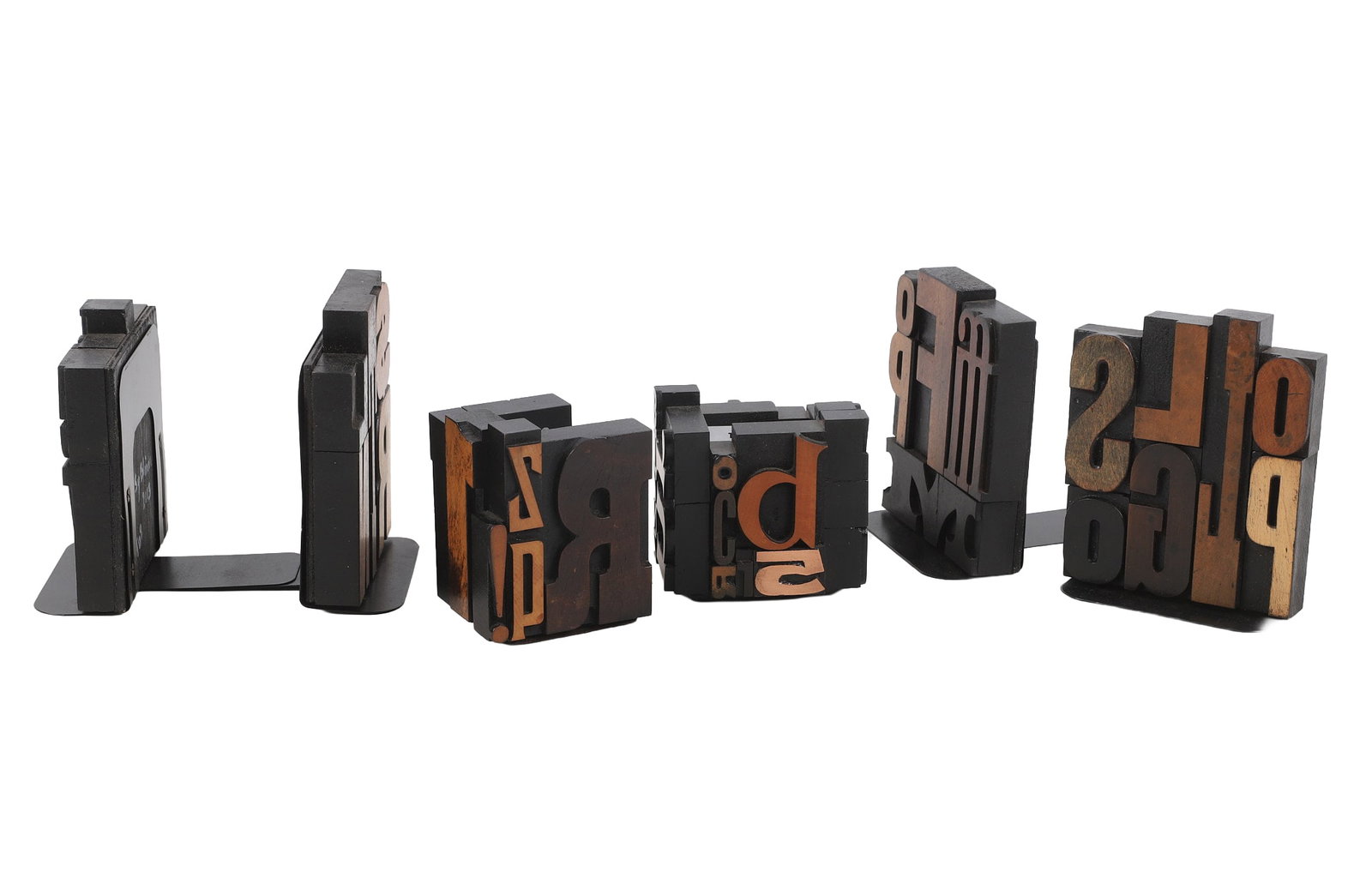 (6) Sculptural Typography Bookends & Pen/Pencil Caddies: (6) Sculptural Typography Bookends & Pen/Pencil Caddies Collection of sculptural typography to include (4) bookends and (2) pen/pencil caddies made out of a variety of wooden type blocks to create a c