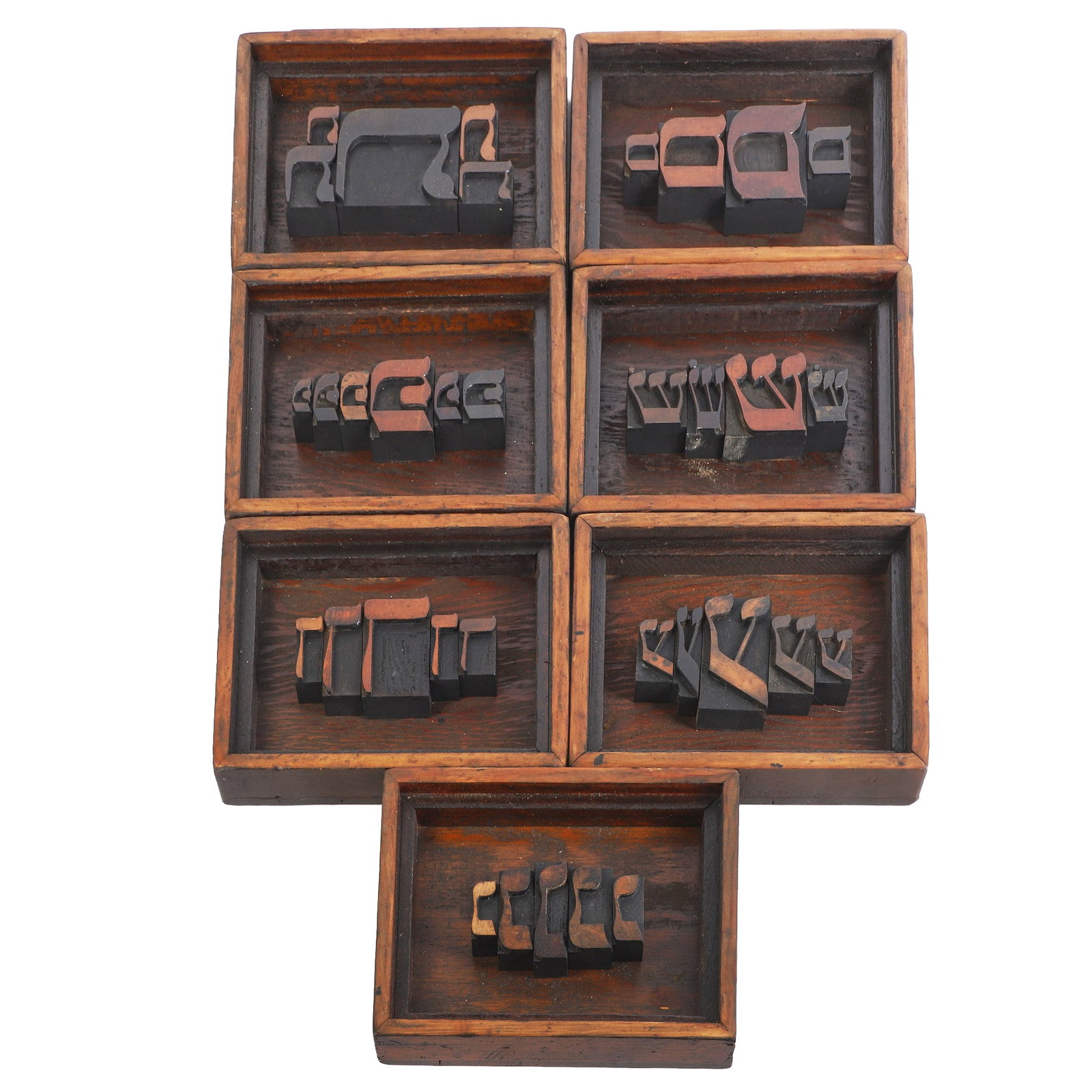 (7) Hebrew Typography Wall Art, Sy Blinn: (7) Hebrew Typography Wall Art, Sy Blinn (7) Collection of wall art collages made from antique Hebrew wooden typeset blocks. Not often seen, these pieces demonstrate the long history of typography and