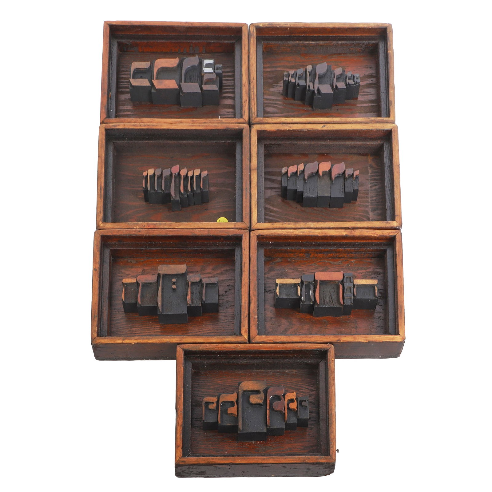 (7) Hebrew Typography Wall Art, Sy Blinn: (7) Hebrew Typography Wall Art, Sy Blinn (7) Collection of wall art collages made from antique Hebrew wooden type blocks. Not often seen, these pieces demonstrate the long history of typography and