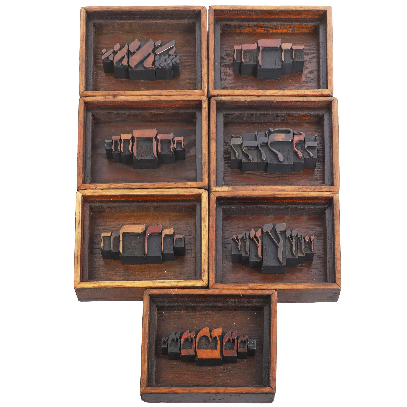 (7) Hebrew Typography Wall Art, Sy Blinn: (7) Hebrew Typography Wall Art, Sy Blinn (7) Collection of wall art collages made from antique Hebrew wooden type blocks. Not often seen, these pieces demonstrate the long history of typography and el