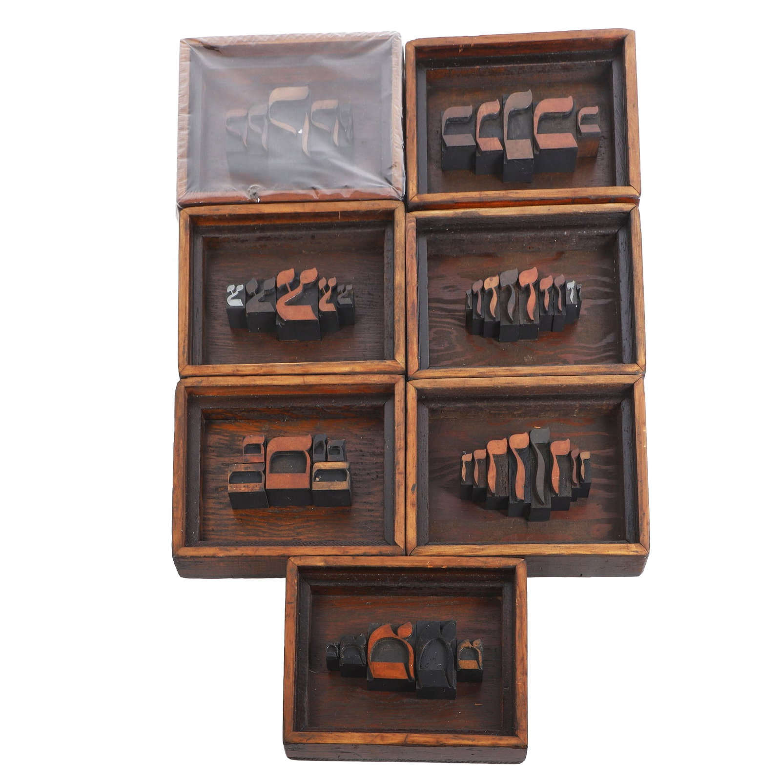 (7) Hebrew Typography Wall Art, Sy Blinn: (7) Hebrew Typography Wall Art, Sy Blinn (7) Collection of wall art collages made from antique Hebrew wooden type blocks. Not often seen, these pieces demonstrate the long history of typography and el