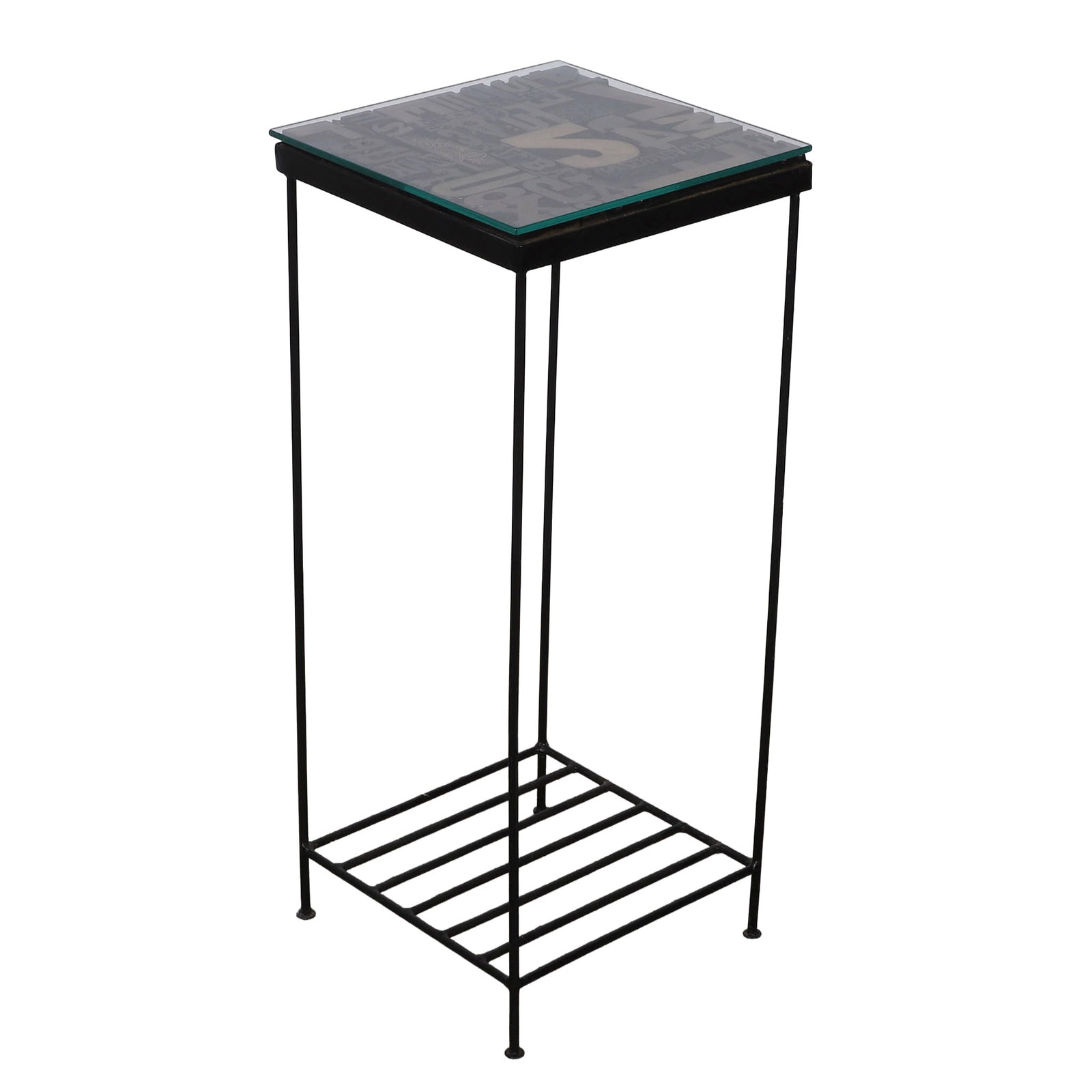 Sculptural Typography Side Table by Sy Blinn: Sculptural Typography Side Table by Sy Blinn Sculptural typography table with a surface composed of wooden type blocks to create a collage of characters, signed by Sy Blinn. 28 1/4"H x 12"W x 12"L