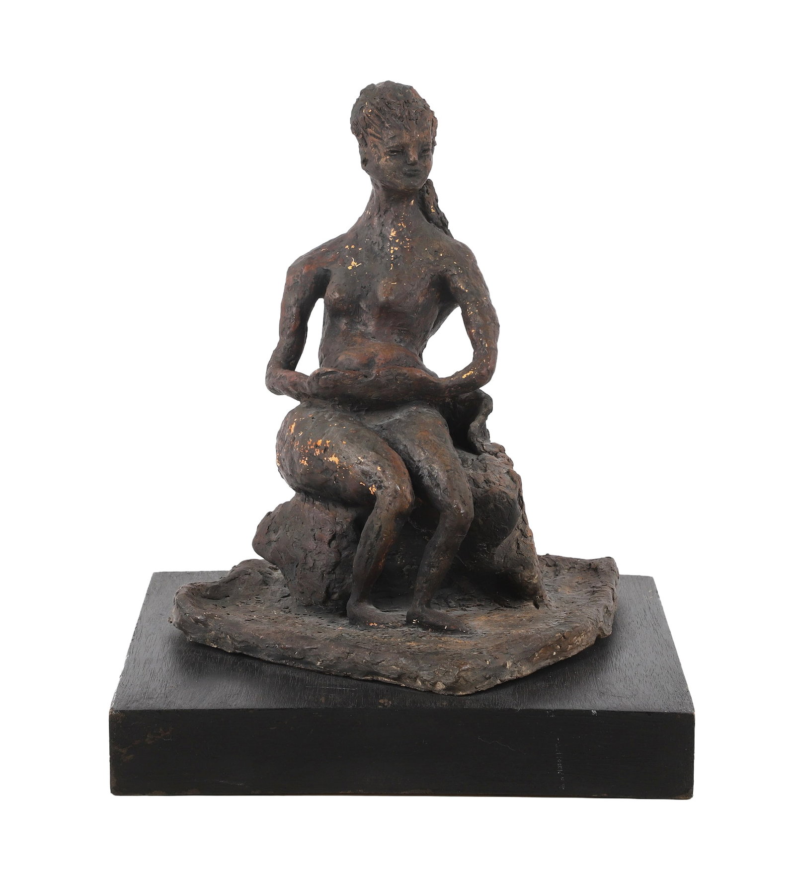 Brutalist Sculpture of a Woman: Brutalist Sculpture of a Woman Brutalist textured earthenware sculpture of a sitting nude woman with hands resting in her lap, signed 'Mark' at the base. Sculpture 11 1/4"H x 9 1/4" x 9 3/4", with