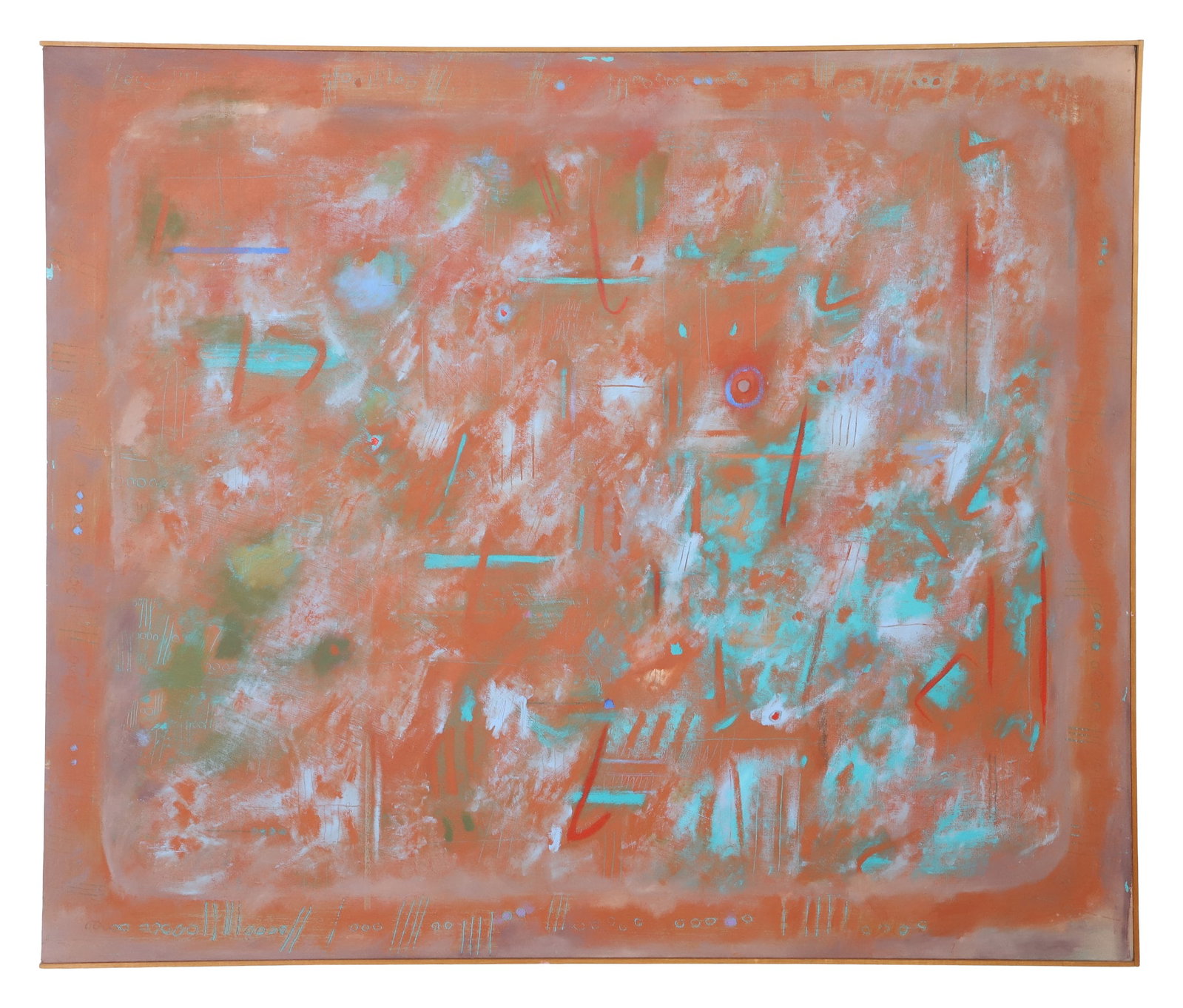 Modernist Abstract Composition: Modernist Abstract Composition Unknown artist. Oil on canvas. Initialed WH on the fringes of the canvas, and inscribed next to it is "Wendy Haas." Other indecipherable inscriptions also appear on the