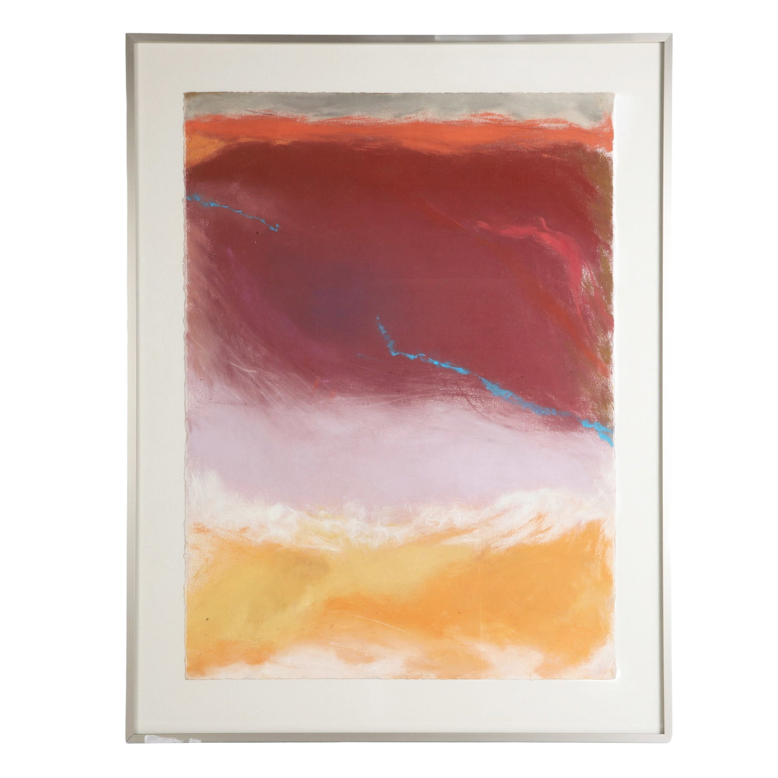 Modernist Abstract Color Field Composition: Modernist Abstract Color Field Composition A visually dynamic pastel on paper work. Artist unknown. Framed under glass. 30" H x 22" W sheet, mounted in a 36" H x 28" W frame.