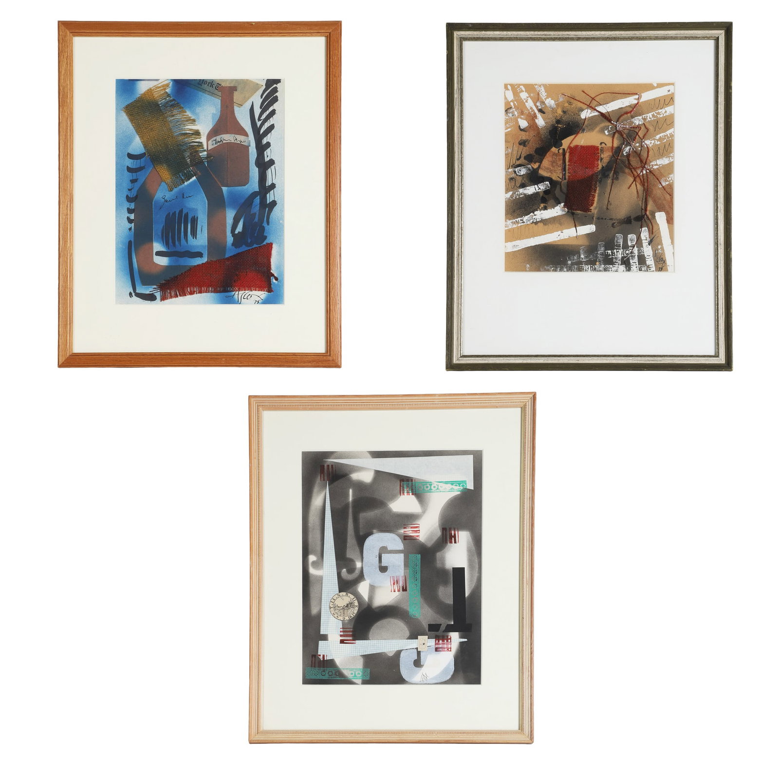 (3) Mid-Century Collages, Signed AJ Cox: (3) Mid-Century Collages, Signed AJ Cox Unknown artist. (3) mixed-media collage works. Framed under glass, signed. 21.5" H x 17.5" W, largest frame.