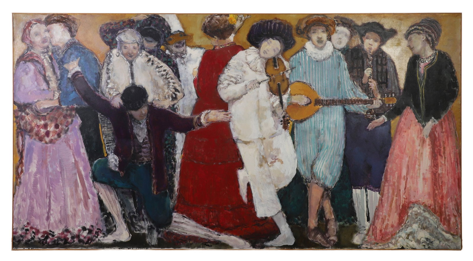 James R. Stewart (Pennsylvania, 21st C.) Oil painting, "Entertainers Standing": James R. Stewart (Pennsylvania, 21st C.) Oil painting, "Entertainers Standing" Signed in the lower right corner. Signed, titled, and dated 1998 on the verso. The nearly life-sized musicians and dancer