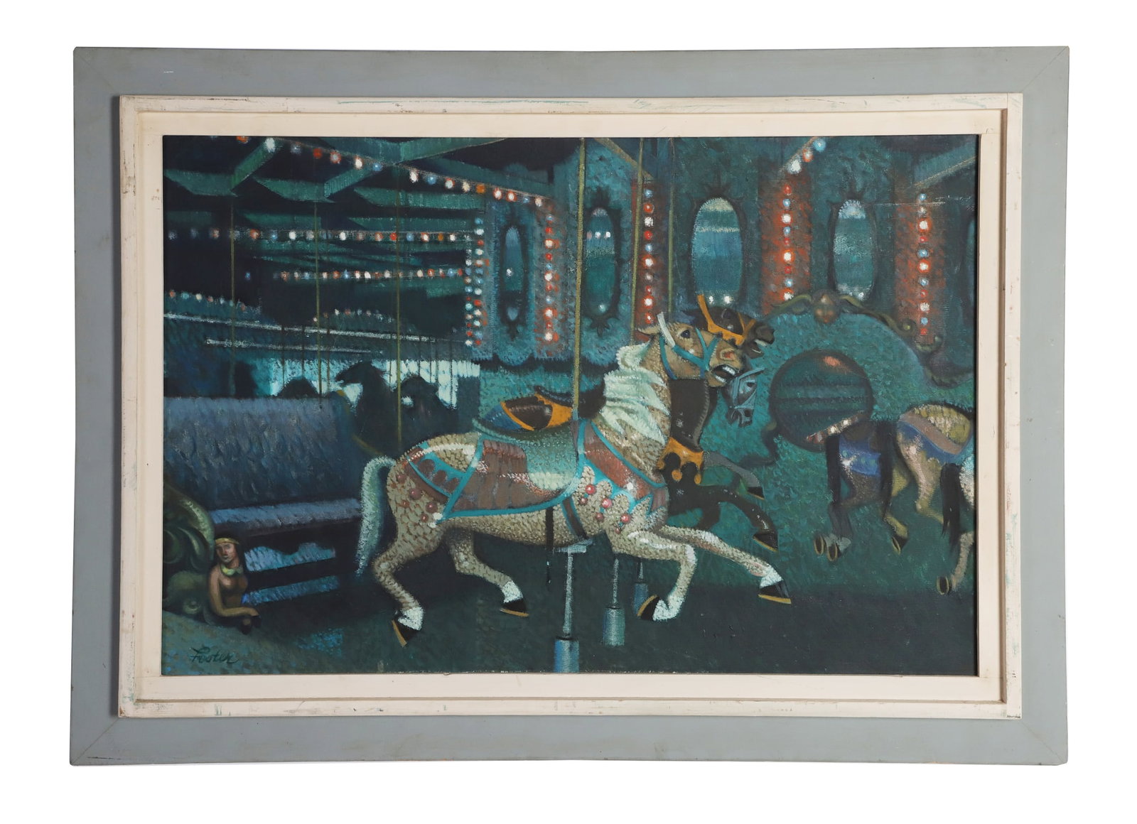 R. John Foster (Pennsylvania, 20th C) Carousel Painting: R. John Foster (Pennsylvania, 20th C) Carousel Painting A dynamic impressionist-style painting of horses on a carousel. Oil on canvas. Signed in the lower-left corner. Picture of the artist affixed