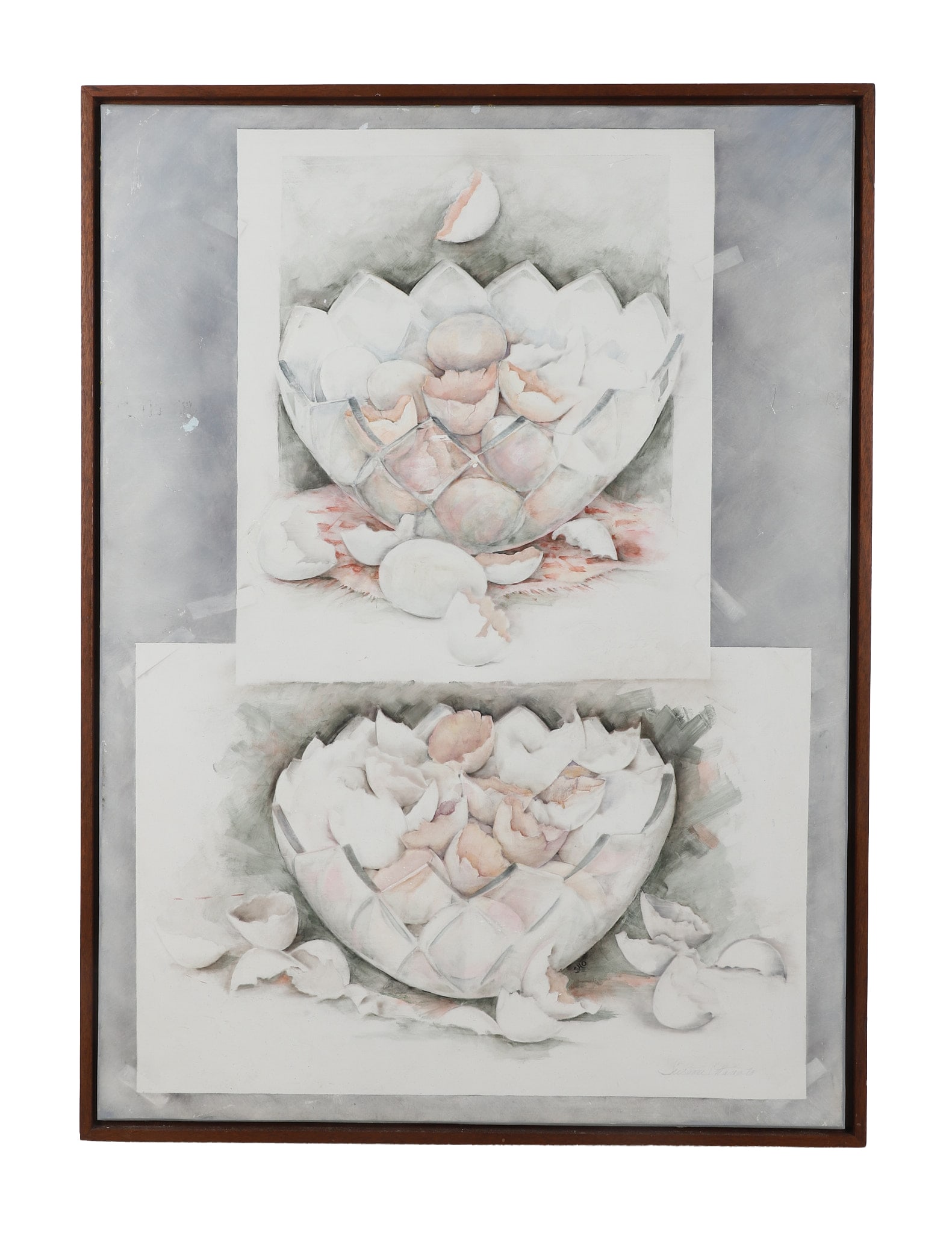 Susanne Okamoto (American, d.2025), Still Life Painting: Susanne Okamoto (American, d.2025), Still Life Painting Two studies of eggshells in a bowl. Oil on board. 30" H x 22" W, sight, 31" H x 23" W, frame.