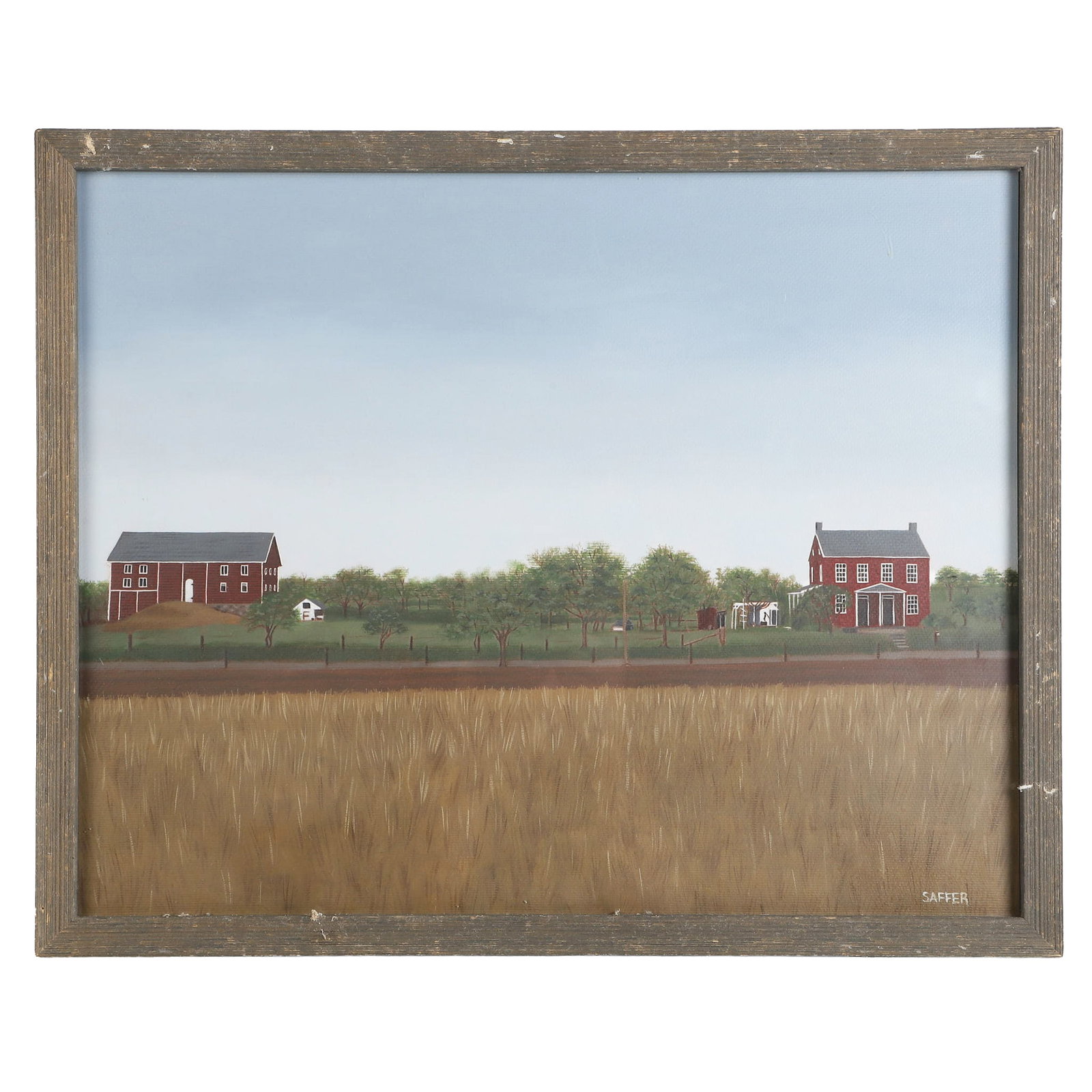 Primitive Style Farmstead Painting Signed Saffer (1 of 7)