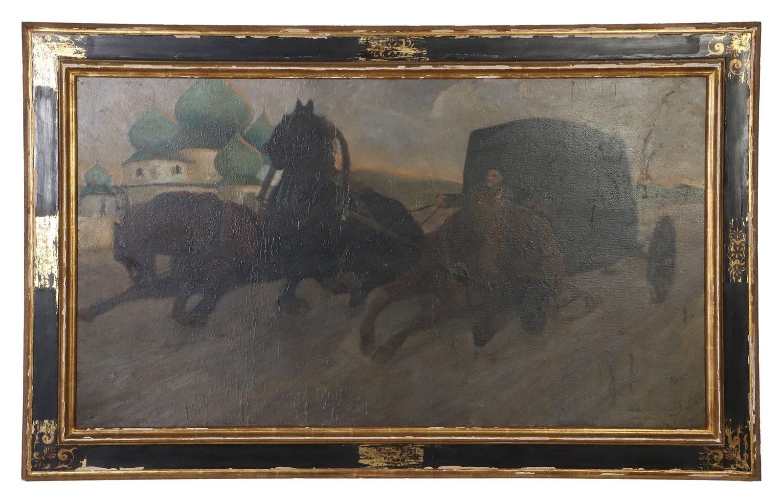 Antique 1920 Russian School Painting: Antique 1920 Russian School Painting A dynamic landscape painting showing a troika driver racing past the village onion-domed church. Signed illegibly, dated 1920. Oil on board in a parcel-gilt wood f