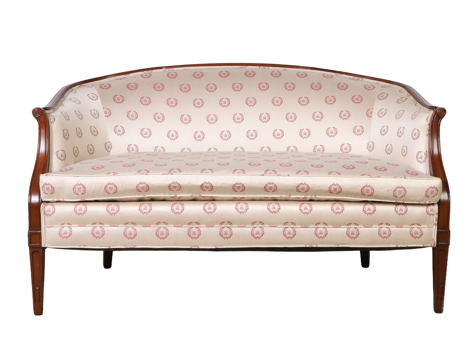 French Regency Style Canape: French Regency Style Canape Mahogany-framed damask-upholstered sofa with down-filled cushion. 32" H x 54' W x 28" D