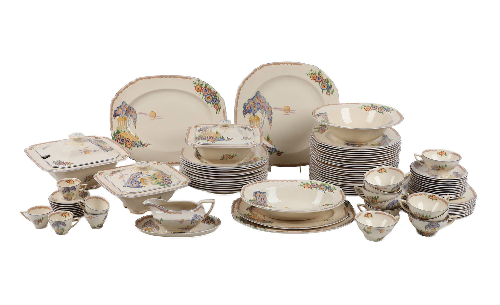 (71) John Maddock & Sons Dinnerware Set, Service for Ten: (71) John Maddock & Sons Dinnerware Set, Service for Ten (71) Royal Ivory John Maddock & Sons earthenware dinner set in colorful Grecian theme pattern Includes: (24) 9 7/8" dinner plates, (12) 10" sou