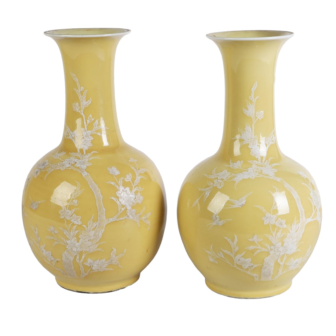 Pair of Chinese Porcelain Yellow Vases: Pair of Chinese Porcelain Yellow Vases Pair of Chinese yellow glaze porcelain vase decorated with pate sur pate style birds and florals in white. Blue seal mark underneath, Each 16 1/2"H x 9 1/4"W