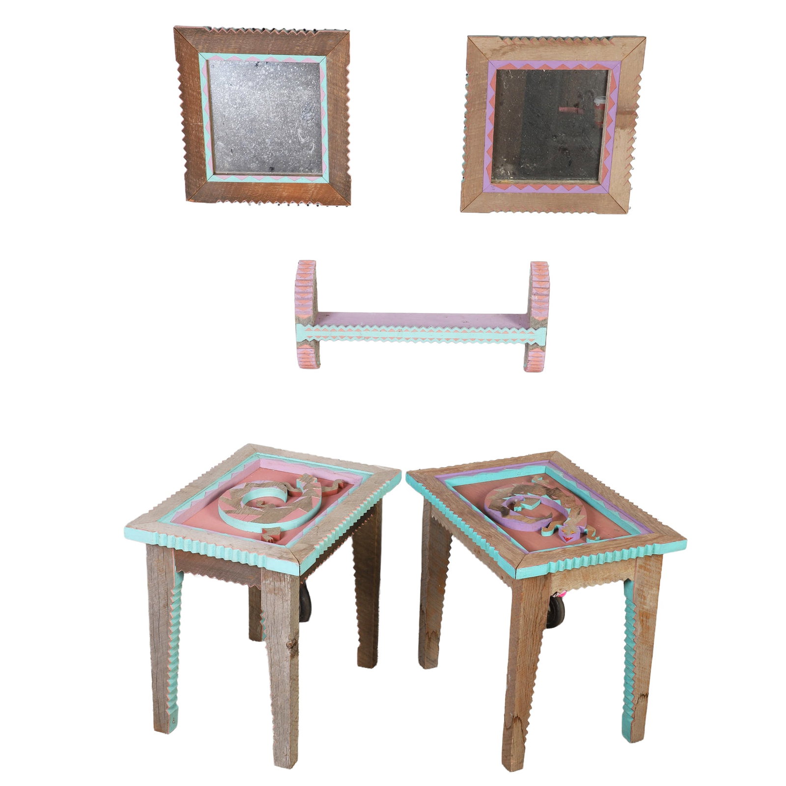 Memphis Style Meets Southwest Style Suite of Furnishings: Memphis Style Meets Southwest Style Suite of Furnishings Retro 80's Artisan-made of rustic wood, this (5) piece suite of teal and pink painted serrated edges and lizard motifs consists of (2) tables, 