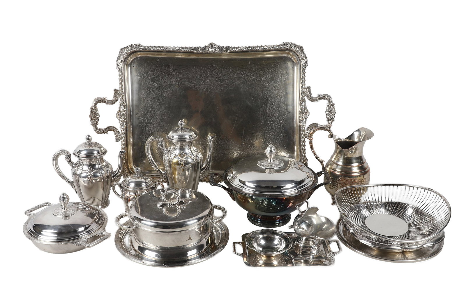 Collection of Silver Plate Service Wares Feat. Prata Wolff: Collection of Silver Plate Service Wares Feat. Prata Wolff Fine collection of silver plate service wares featuring Brazilian maker Prata Wolff. Includes a 'Perfect Silver' Fracalanza style tea set wit