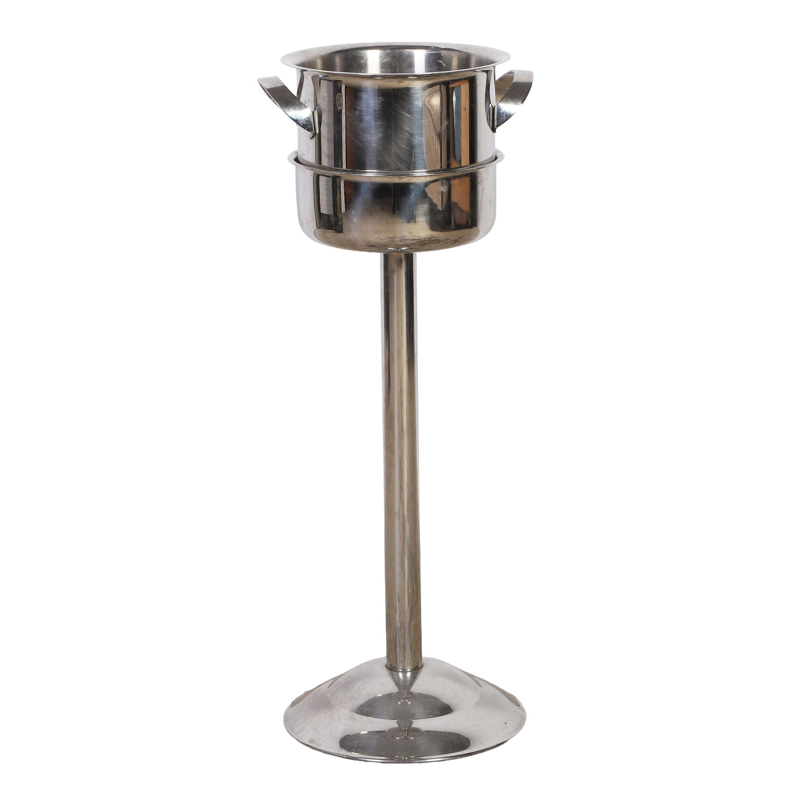 Eberle Franmara Stainless Steel Champagne Bucket on Stand: Eberle Franmara Stainless Steel Champagne Bucket on Stand Made in Brazil. An Art Deco-style ice bucket. 27.5" H on 10" diameter stand.